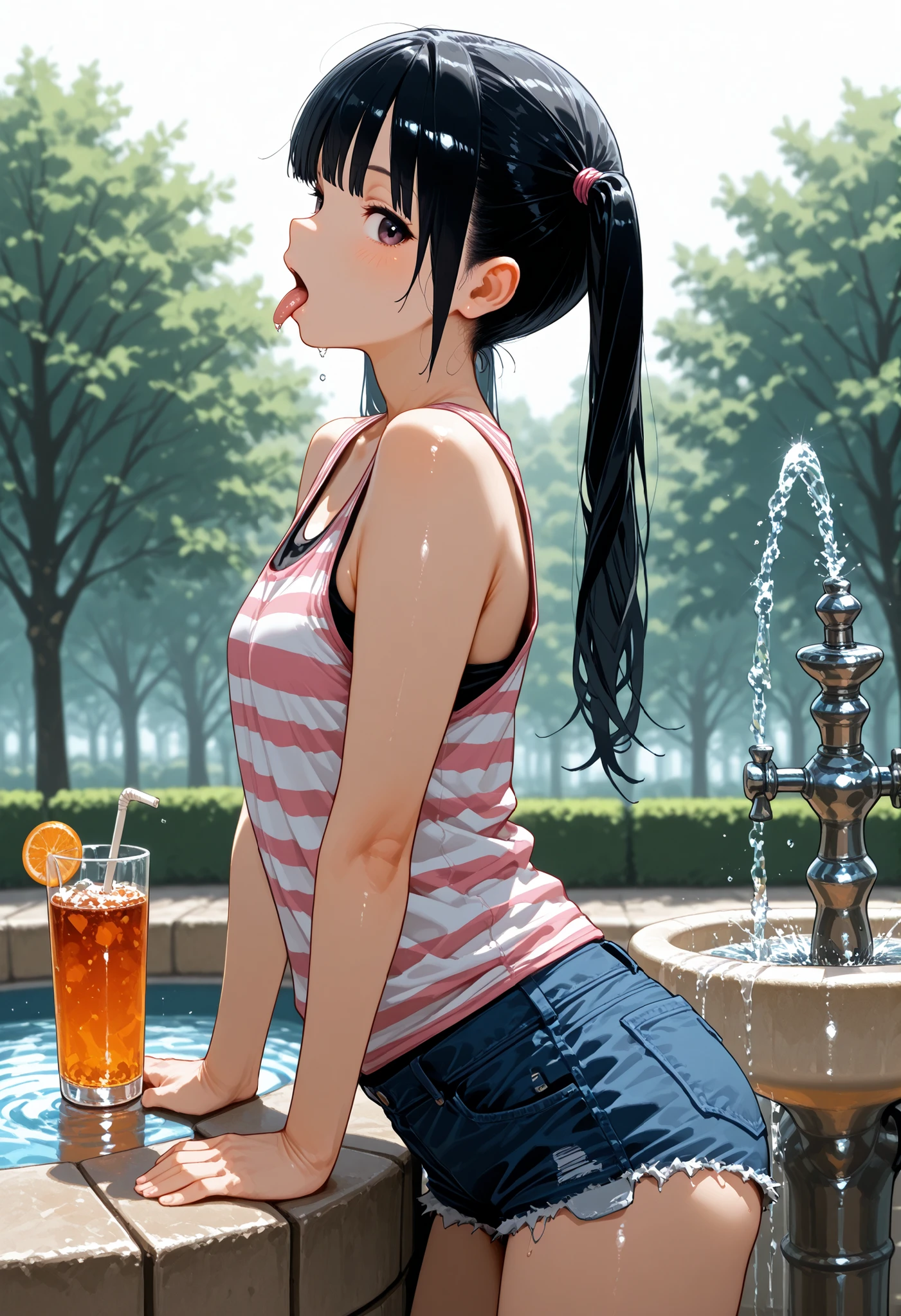 d_Giroo , 1 girl ,, tank top , hotpants , twin tails , black_hair , flin_chest , pink_ striped _太ももまin丈の靴下 , drink _FOUNTAIN , adjusted_hair , from_side , Profile , A quick glance_in_viewer , tongue_outside , leaning on_go ahead
