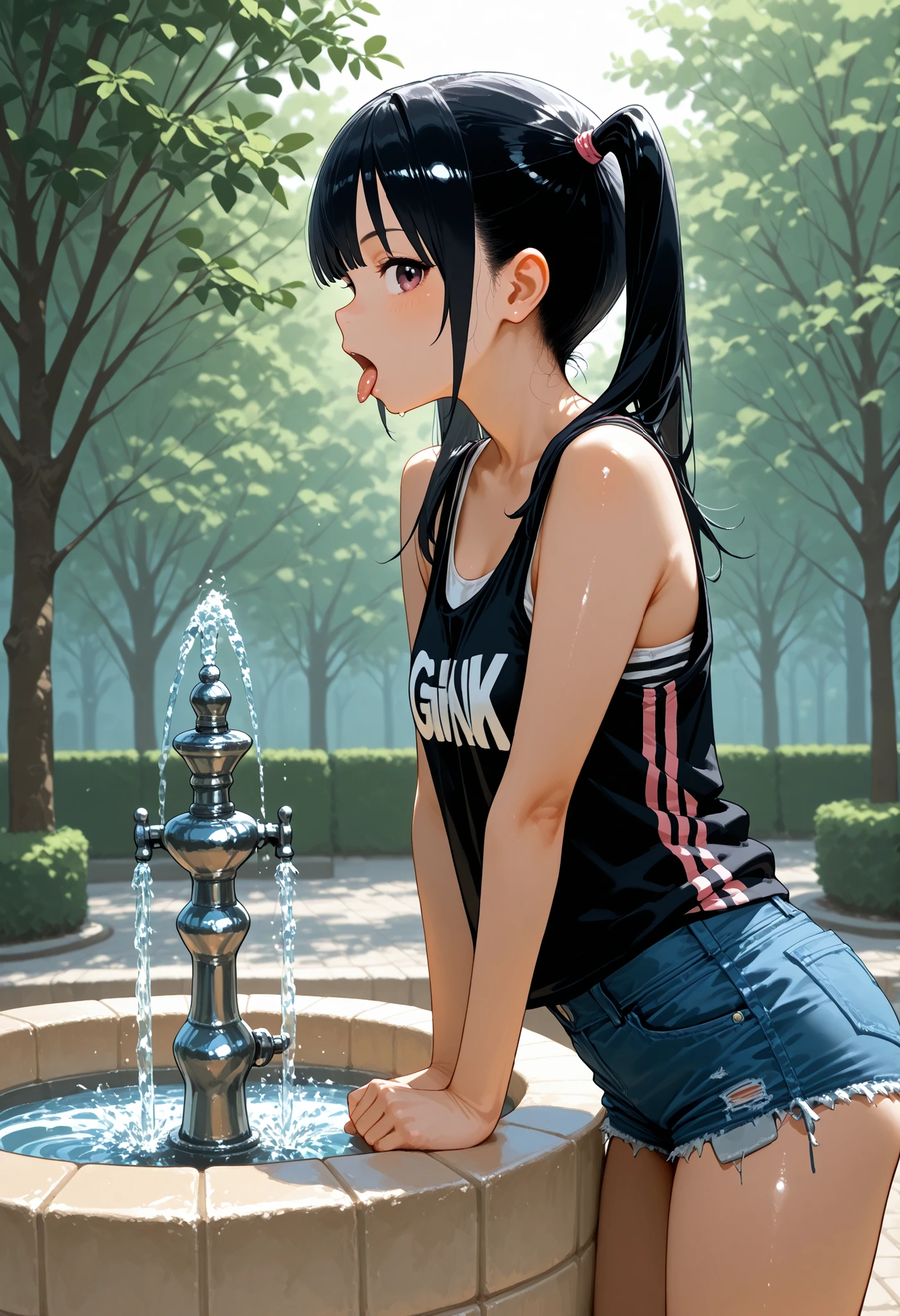 d_Giroo , 1 girl ,, tank top , hotpants , twin tails , black_hair , flin_chest , pink_ striped _太ももまin丈の靴下 , drink _FOUNTAIN , adjusted_hair , from_side , Profile , A quick glance_in_viewer , tongue_outside , leaning on_go ahead
