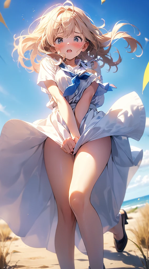 short bob girl、A light blue bra attached to a pure white dress shirt.、A light blue mini skirt with cute white shorts that are lifted above、barefoot、sandy beach, cumulonimbus clouds and blue sky、above、Sisters hug