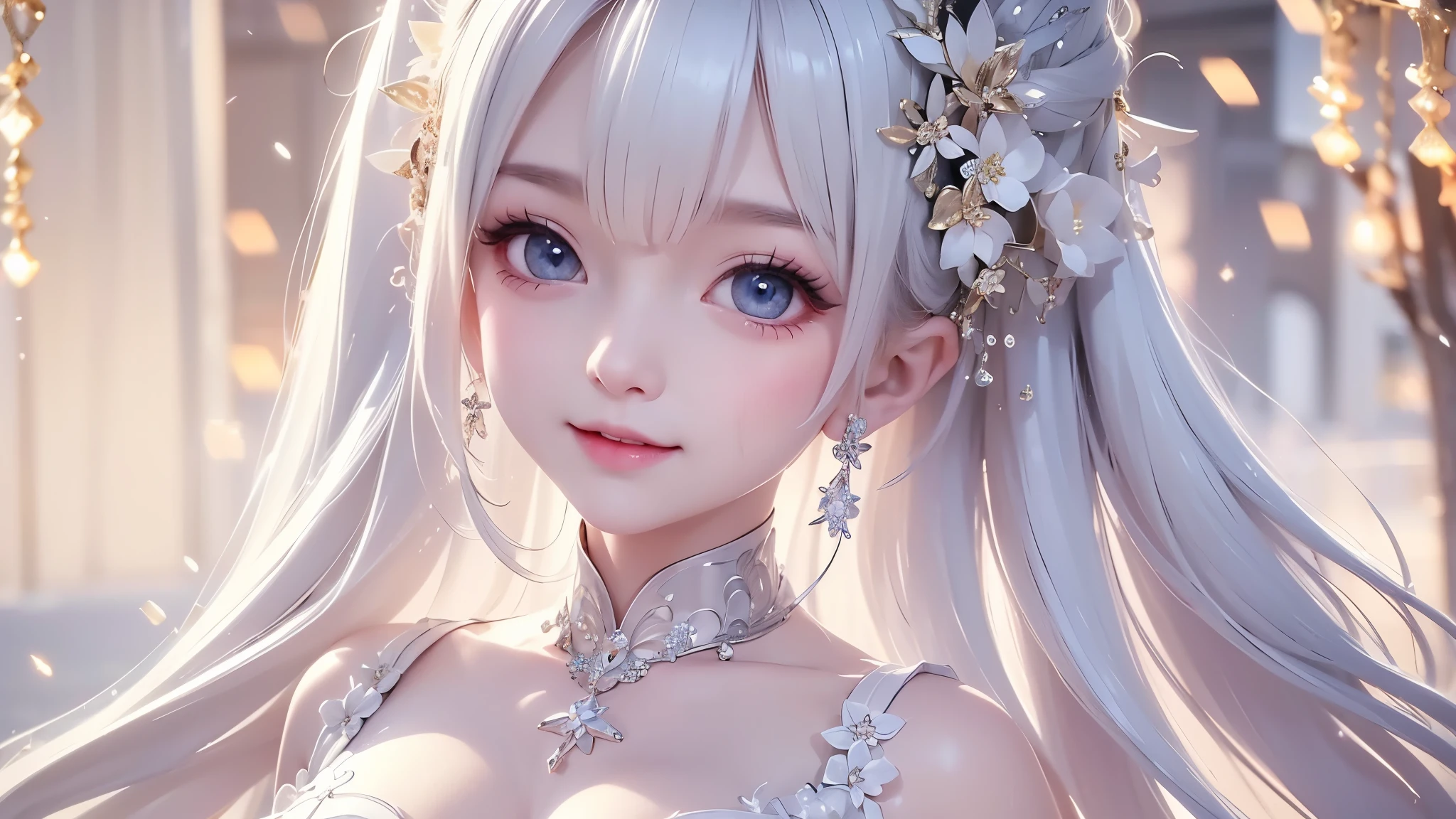 ((masterpiece:1.5、8k、Portrait、Photorealistic and very detailed CG、Very detailed、Particle Effects、Dynamic Effects、Written boundary depth、Cinematic Light、Lens flare、Ray Tracing、Tabletop、Realistic:1.4、超A high resolution:1.2、Realistic、Realistic))((alone、,A woman wearing a long shawl over a satin halter dress:1.4、Dynamic female pose:、Side  are visible、Detailed face、Bright expression、young, Brighter, Whiter skin、Ample breasts、Best Looks、Ultimate beauty、Shiny silver hair with highlights、Bright and shiny hair,、Super long, Silky straight hair、Hair swaying in the wind))(Surrounded by fantastic transparent flowers、White background、Fantastic background、Thin petals fluttering around)
