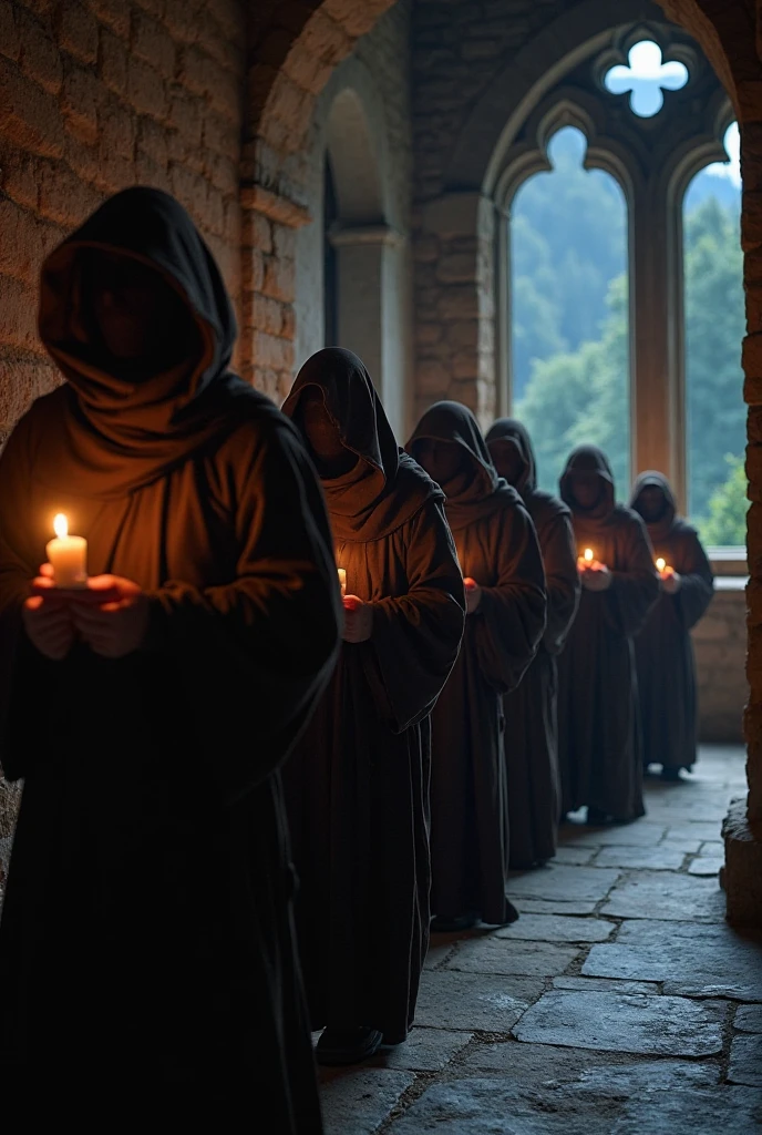 Masterpiece: Close-up of a procession of robed and hooded monks, carrying lit candles at  level, through a stone cloister of a monastery in the middle of the night. It's nighttime, the light comes from the candles, and the monks' faces are obscured by the darkness. Maximum detail. 64-megapixel photo quality. Background: A stone cloister with large windows through which a forest and mountainous area can be glimpsed. Maximum detail. 8K photo quality.