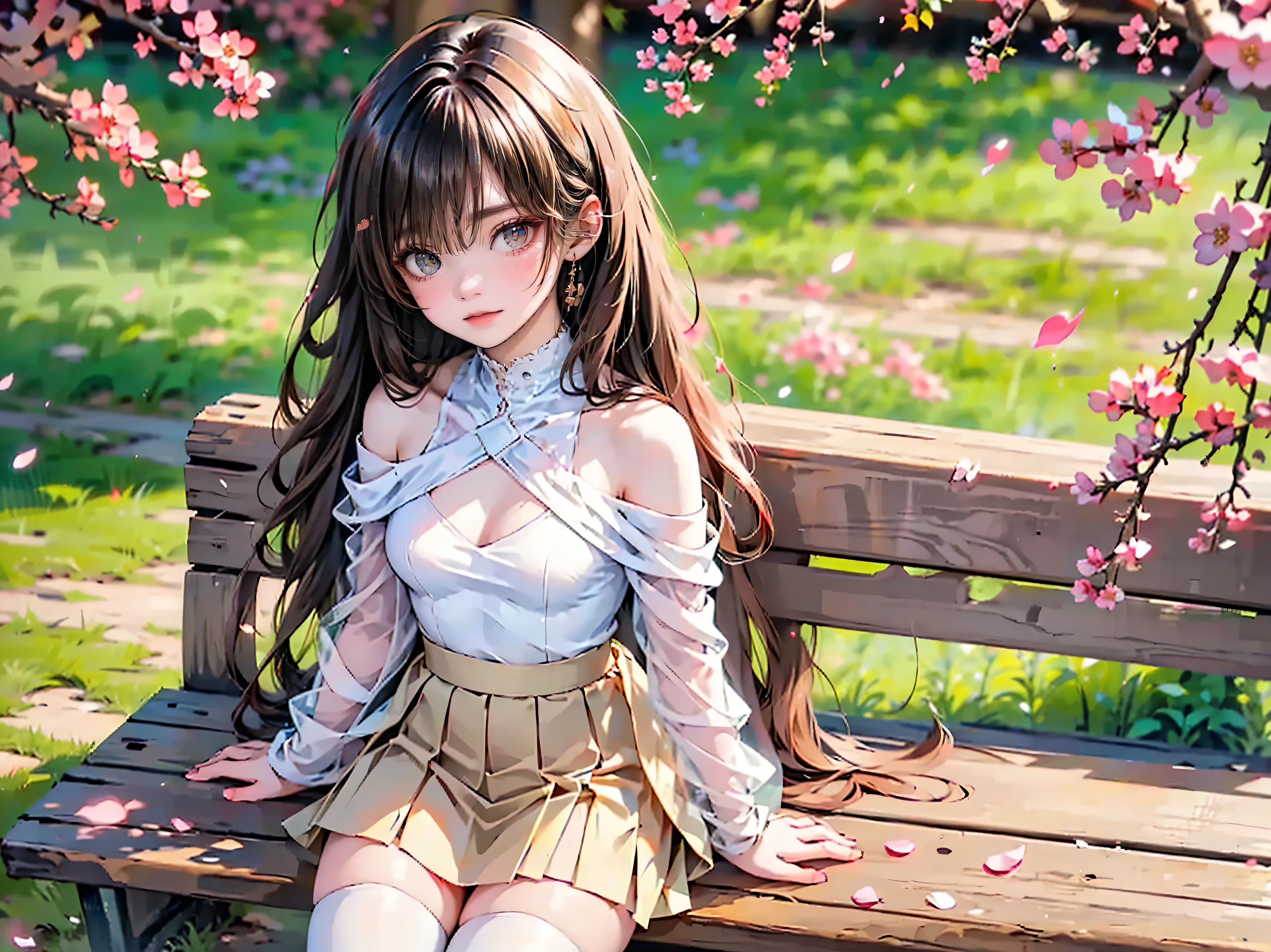 8K分辨率、Super Detailed pubic hairCG material、1 girl in, japanaese girl, (Sit on grass，Against the tree, read a book, Bring your knees together, Keep your feet apart, a skirt, Big breasts that expose the, (shaggy:1.1), (:1.1), (Look from the front, low angles), A piece of, Detailed pubic hair, Morning, sunraise, A high resolution, Super quality, Super masterpiece, Colorful leaves, --auto --s2