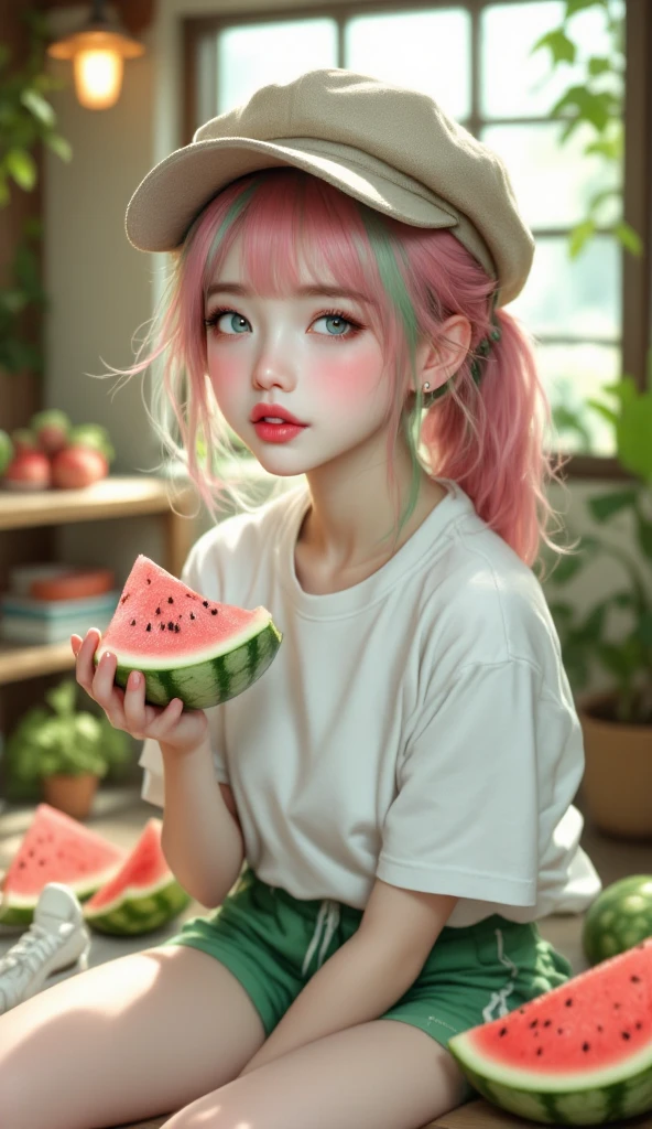 Characters, cartoons, graffiti, little girls, cute, hats, pink tops, pink hats, apples.