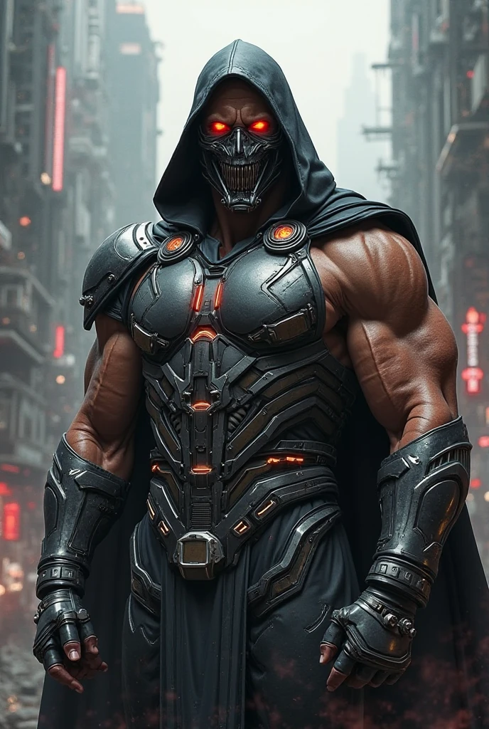 (extremely detailed 8k wallpaper), a medium shot of a fearful necromancer, intricate, not very muscular, high detail, dramatic, Arnold Schwarzenegger in Terminator, hooded shirt with wounded face showing robotic part --auto --s2