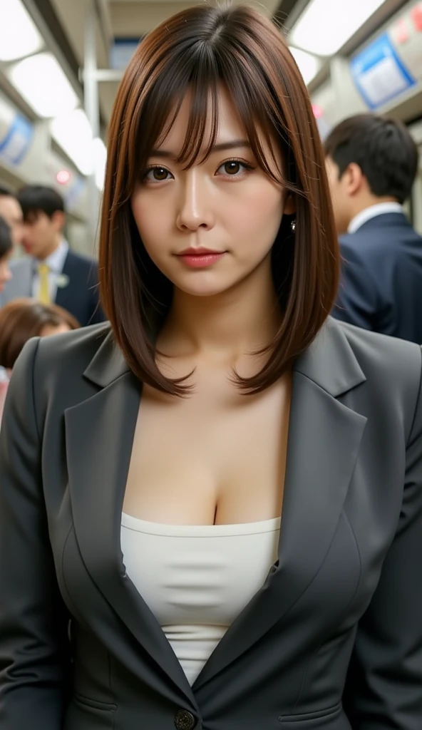 ((highest quality, 8K, masterpiece :1.3)), sharp focus :1.2, beautiful woman with perfect figure :1.4, thin abs :1.2, ((layered haircut, big breasts :1.2)), (Blazer over a very thin white button-up shirt :1.1), city street:1.2, Highly detailed face and skin texture, fine eyes, double eyelid、whole body、short hair、A cute 13-year-old woman of half Thai and Japanese descent....、tanned skin