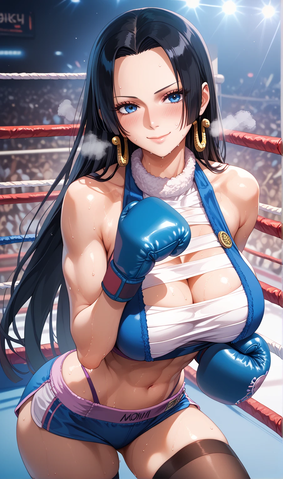 1girl,long face, tattoo on her face,matured , ponytail black hair,hair ribbons ,black eyes, ,blue skirt,joyful, standing,blue glowing dragon tattoos on her neck,glowing tattoo on her face,making a first, MMA gloves,perfect body,curvy,colourful beautiful school festival as the background,