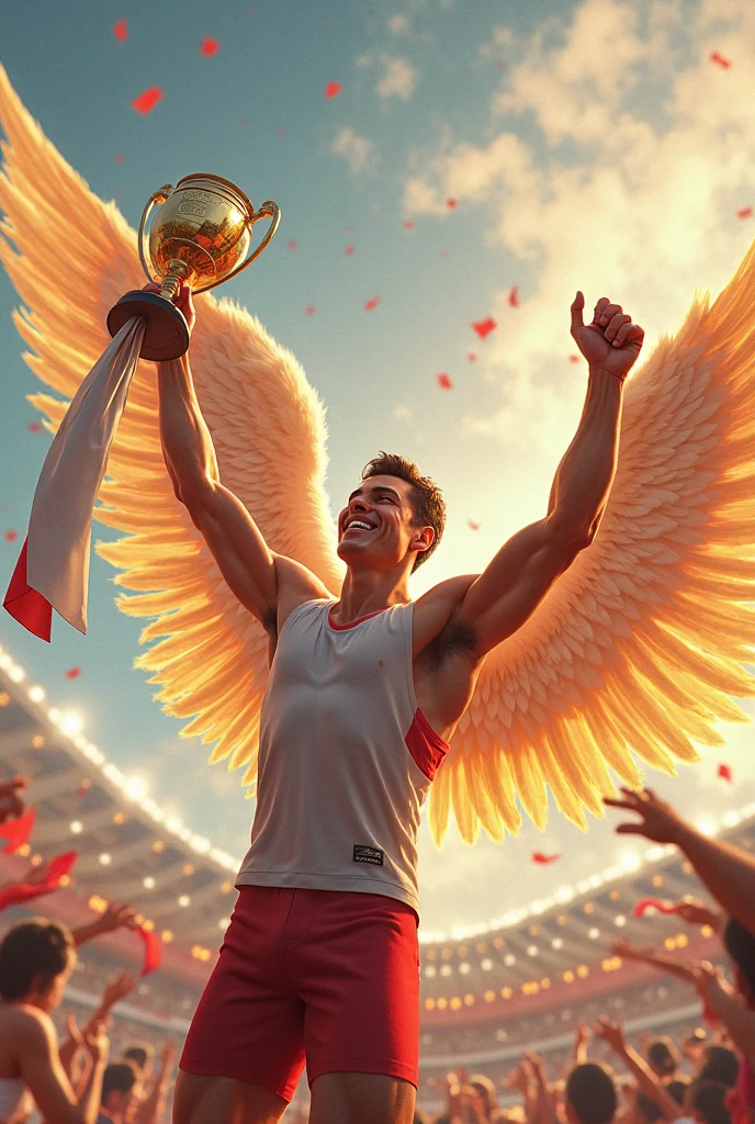 An image of an athlete with a wing at is back like an angel celebrating with a trophy after winning a race and with a flag in his hand