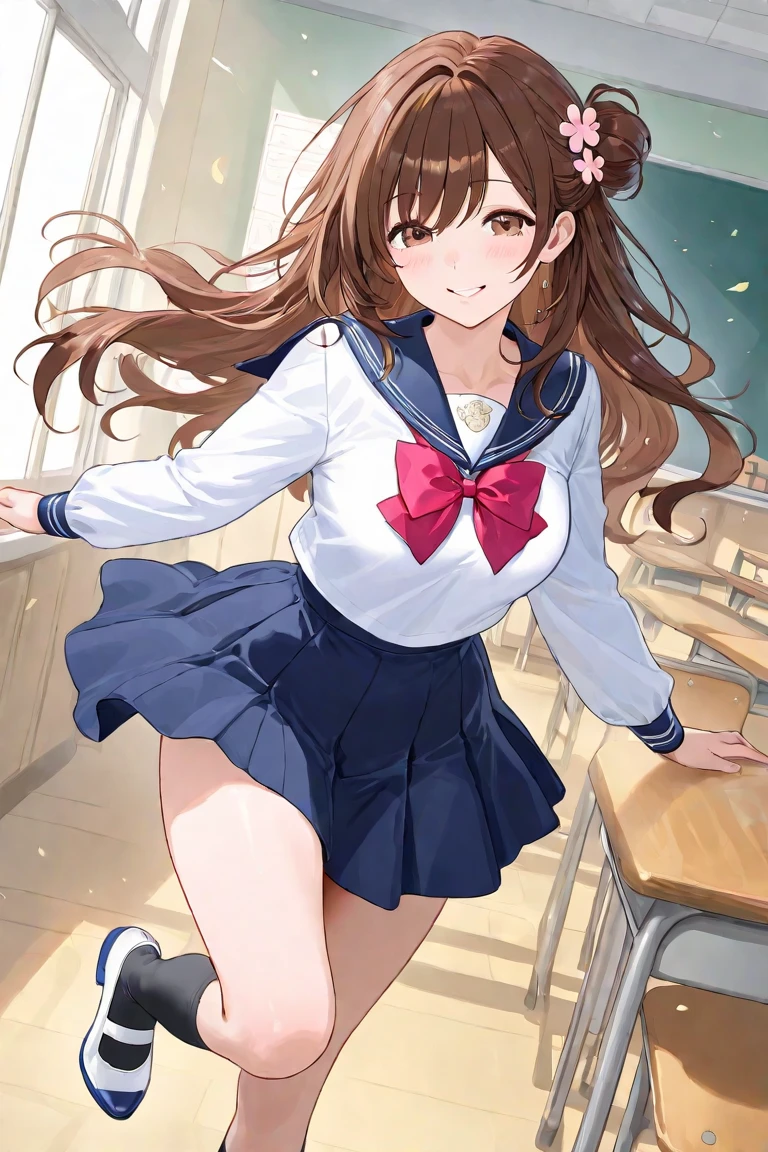 Highest quality, masterpiece, High resolution, alone, {inazuma_Fleet Collection}, brown_hair, Folded_ponytail, brown_eye, length_hair, Open_mouth, smile, School_uniform,skirt,Pleats_skirt,((Flat Chest, Small breasts, flat chest)),