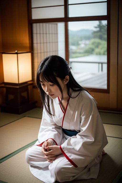 28 year old Japanese shrine maiden in a traditional white kimono and deep red hakama, sitting formally in seiza on tatami floor inside a dimly lit shrine office, eyes downcast in quiet contemplation, hands gently resting on her lap, long black hair softly framing her face, traditional hairpin still in place, paper lantern casting warm light across her face and shoulders, subtle expression of inner conflict, realistic style, high detail, not showing genitals, not pornographic, not blurry, not deformed, not extra limbs