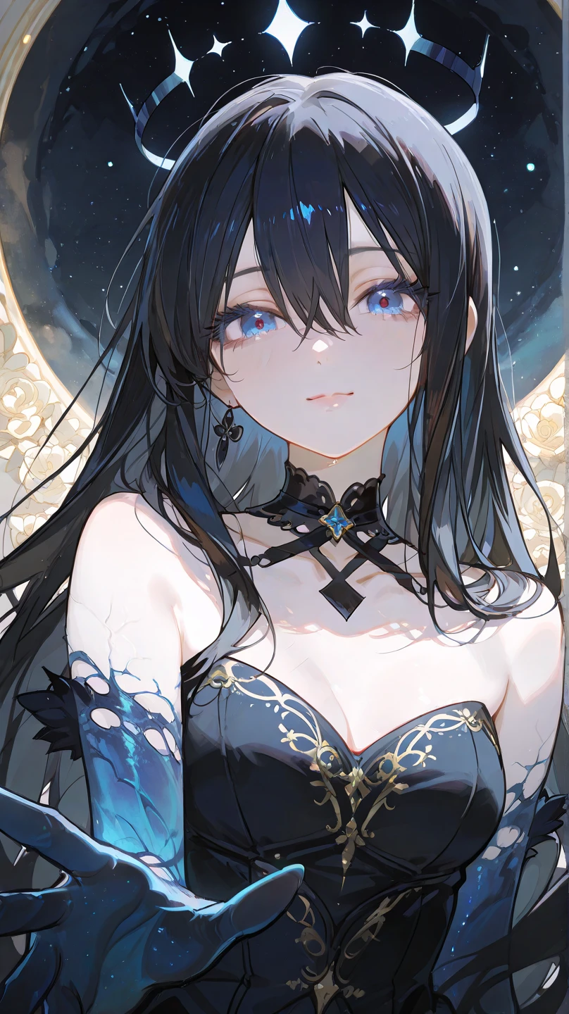 ((Masterpiece)),(Best Quality),(Highest resolution),(8K),(Clean lines),(Perfect Face,Perfect meat),(Official Art),(Magical girl),villain, child, 8-year-old, Black Costume, Long Hair, large black feathers, Night Sky, Angry face