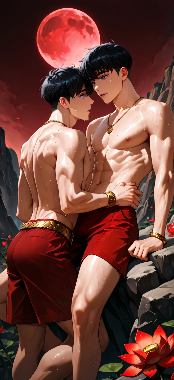 (absurdres, highres, ultra detailed), ((Two young men, 19 years old In short transparent white tunics, white thong Do wrestling, One grabbed the other by the hair  )) 2 young man, couple, two people, Visual art, Occult, Vision casting, Philosophical, Artistic, Alfons Mucha best quality, master piece, full body shot, athletic, attractive expression, earrings, fantasy, dramatic pose, whole body, ancient Greek myths,  athletic, athletically built, thin waist, prominent muscles, large, Volumetric elastic buttocks,