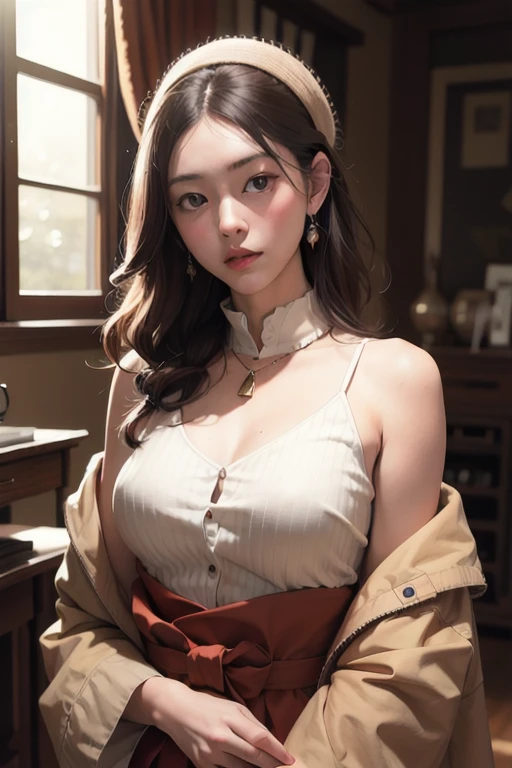best qualtiy, 超高分辨率, (realisticlying:1.4), one-girl, A pair of clear and moving peach blossom eyes,Royal Sister,Black long straight,Yellow tight skirt, (big cleavage breasts:1.4), looking at viewert, closeup cleavage ,