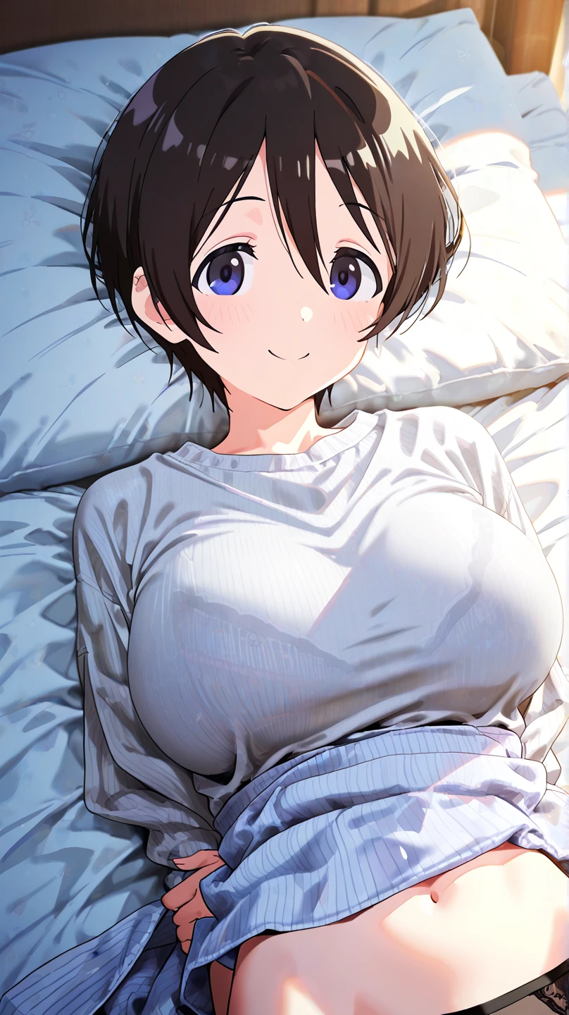 (masterpiece、top-quality、absurderes:1.3)、illustratio、Medium bob、(pov hand)、grabbing on breasts、Cute little girl s、Write、The upper part of the body、shorth hair、Loose shirt、a bed、Perfect human body