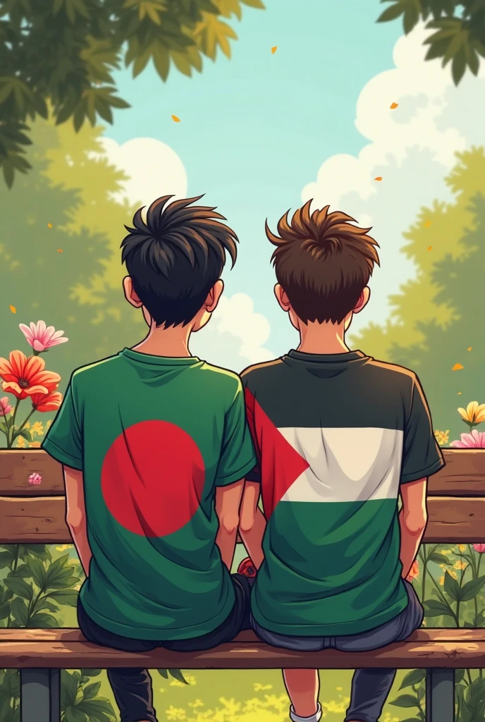 Two boy friends wearing t-shirts of Pakistan and Bangladesh are looking at the camera together a good