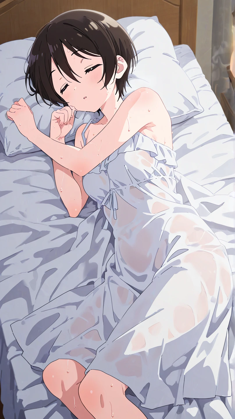 A girl with short black hair and modest pubic hair wearing a long white lace slip is tied up behind her back and forced to have sex with a naked middle-aged man while crying and groaning in desperation.、Physical Education Preparation Room