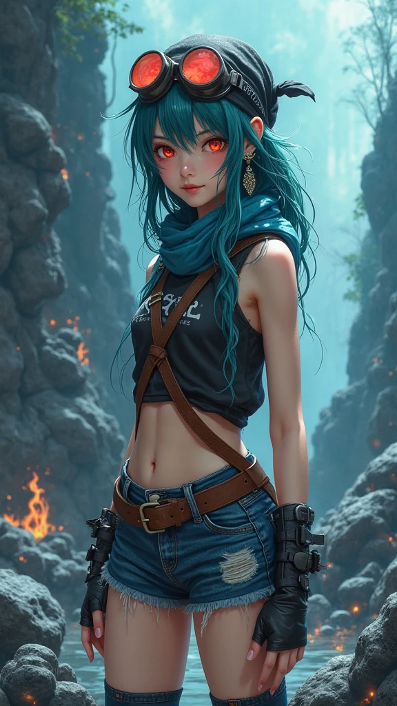 Bright shot: 1.3), epic realistic, yellow eyes, girl raider, (one girl), light gray non-transparent short sleeve top, transparent fabric at the waist, wavy hair 1.4, (dark blue hair), short hair, dark blue and orange color scheme, (light green shorts), aesthetics of wasteland and canyons!!! n ruins, soft cinematic light, Adobe Lightroom, darkroom, HDR, intricacy, green bracelets on the arms, straps from red thrings over transparent fabric at the waist, thong under shorts and todolist vector