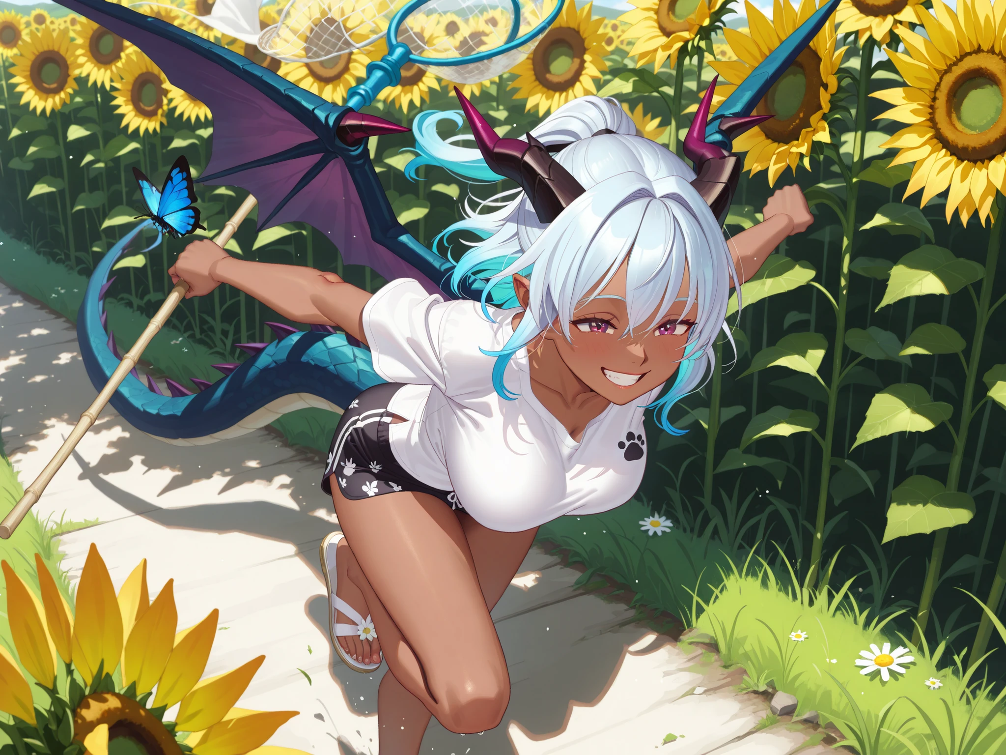 Top view, 60 degrees, full body, gazing into the distance, (adult cool woman:1.1), Woman running with insect net in sunflower field, outstretched arms, running on the grass, smiling, laughing, cheerful expression, ultra realistic 8k cg, epic, perfect artwork, picture-perfect face, beautiful face, charming, 1dragoon, dragon girl, (dark skin:0.9), slant eyes, dark purple eyes, blue hair, half up, grin, dragon horns, dragon wings, dragon tail, large breasts, dragoon, short-sleeved shirt, (short-sleeved shirt is yellow with Cat pattern1.5), daisy duke shorts, beach-sandals, holding a Butterfly net, masterpiece, best quality, ultra realistic 8k cg, epic,
