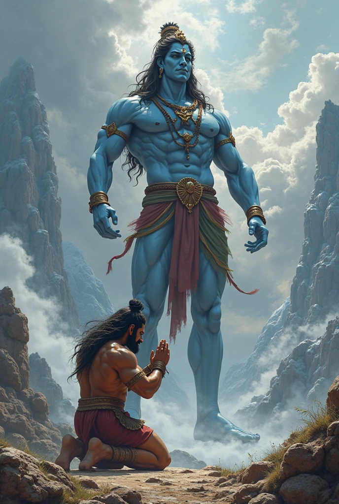 Lord Shiva is angry with trisul in his hand
The head of a boy is lying near the feet of lord Shiva
Maa Parvati is crying
Background has to be Himalayas