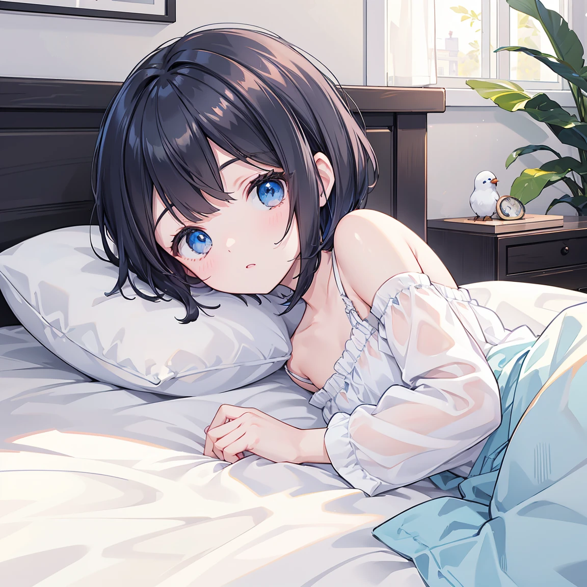 Photorealistic、Highest quality、Highest Resolution、Highest quality、８Ｋ、One beautiful woman、Bob Cut Hair、good morning、sleepy、In bed、Looks sleepy、