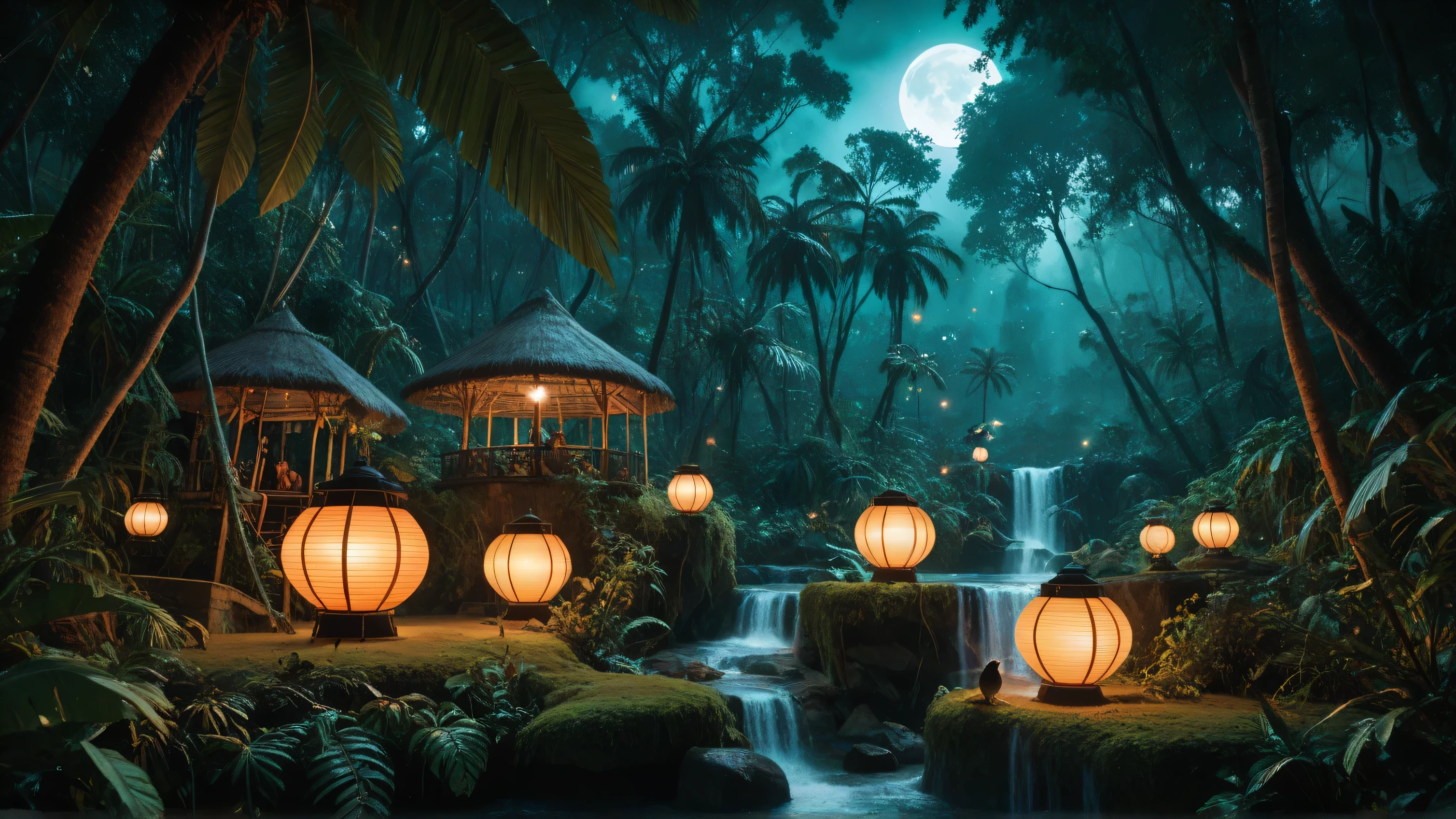 In a deep jungle at night, overgrown trees merge with old, massive reggae sound system speakers. Thick, mystical smoke drifts through the air. Birds and animals appear to be vibing to the music, glowing faintly under moody, red-yellow-green lights. A solitary silhouette of a person sits calmly, soaking in the rhythm. The scene feels underground, dreamlike, with a touch of surrealism and roots reggae spirit. Cinematic lighting, soft focus, mystical atmosphere.dub vibes,spiritual jungle.rasta smoke.mystical lights.roots culture.dreadlocked silhouette.low light / high contrast