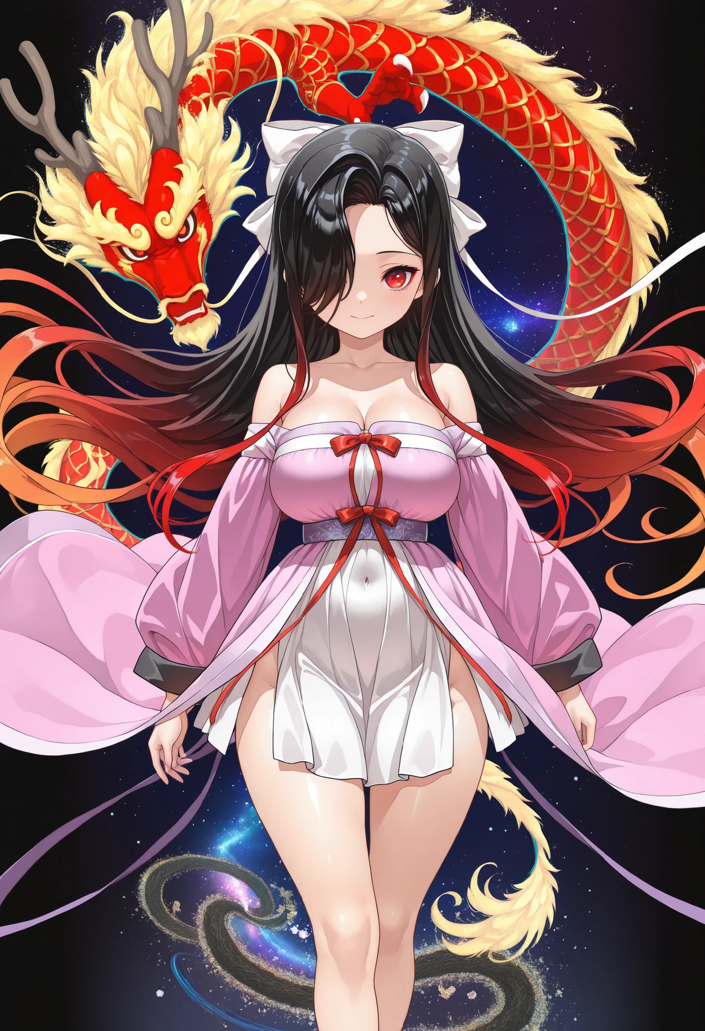 Official Art, Unified 8K Wallpapers, Ultra Detailed, Beautiful and Aesthetic, Masterpiece, Best Quality, (Zentangle, Tangle, Entangle), (fractal art: 1.4), 1girl, Kuroki Monika, red eyes, gradient hair, black hair, red hair, long hair, asymmetrical hairline, hair over right eye, large breasts, (petite but curvy), Chinese, bare shoulders, short skirt, calf, navel, very detailed, dynamic angle, cowboyshot, (most beautiful form chaos), flowing, (bright colors), oc, (half: 1.2), china, (thangka flying sky: 1.5), (ribbon: 1.3), (dream: 1.5), (hanfu: 1.5), Chinese dragon, Chinese phoenix, (smile: 0.5), (Chinese deity),