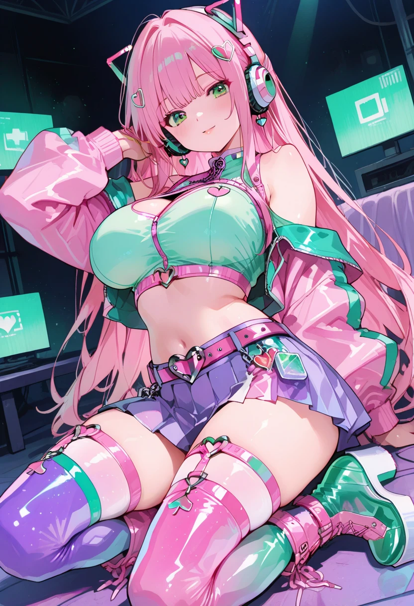 High resolution, masterpiece, Anatomically correct, Highest quality, Long Hair, Pink Hair, chest, smug face, headphone, Green Eyes,tiara、Gorgeous dress、Overlooking、Cute room background with a computer,Feet out of frame, Small breasts、Slender body、Not sexy