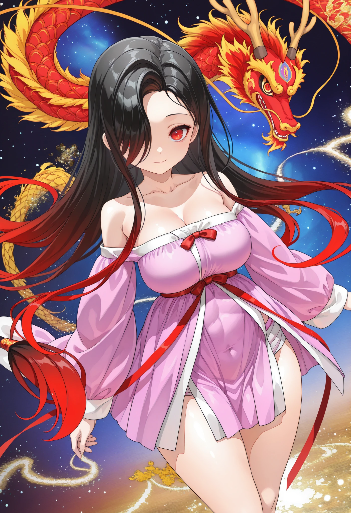 Official Art, Unified 8K Wallpapers, Ultra Detailed, Beautiful and Aesthetic, Masterpiece, Best Quality, (Zentangle, Tangle, Entangle), (fractal art: 1.4), 1girl, Kuroki Monika, red eyes, gradient hair, black hair, red hair, long hair, asymmetrical hairline, hair over right eye, large breasts, (petite but curvy), Chinese, bare shoulders, short skirt, calf, navel, very detailed, dynamic angle, cowboyshot, (most beautiful form chaos), flowing, (bright colors), oc, (half: 1.2), china, (thangka flying sky: 1.5), (ribbon: 1.3), (dream: 1.5), (hanfu: 1.5), Chinese dragon, Chinese phoenix, (smile: 0.5), (Chinese deity),