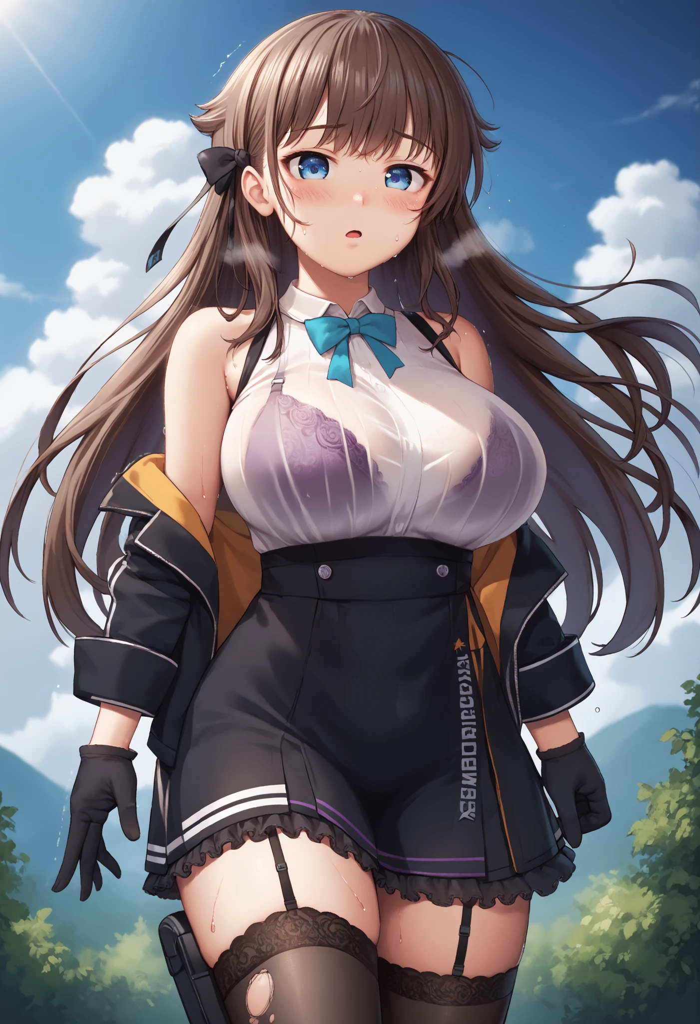great quality,so beautiful,Absard dress,best quality,newest,masterpiece,4k,resolution,animated screen capture of a brown-yellow haze coming out of the mouth,1 girl,brown hair,long hair,blue eyes,cute anime eyes,super huge breasts that have just been torn apart,very much sweat (Amount of sweat:2.0),blush(redness:3.0), acme face,I'm exhaling with my mouth wide open(steam),(Kana Kashiwazaki),hair bow,canavale , thigh length single socks, one leg in stockings, black jacket, sleeveless shirt, femoral strap, cowboy shot, gloves, black skirt,I had sex until a while ago,my body is trembling because it has climaxed too much,steamが多い,shirt filled with sperm is see-through with sweat and the bra is slightly visible(The bra is purple),uterus toward the body(Picture of cloudy semen),-game- Nebel Geisterjäger style