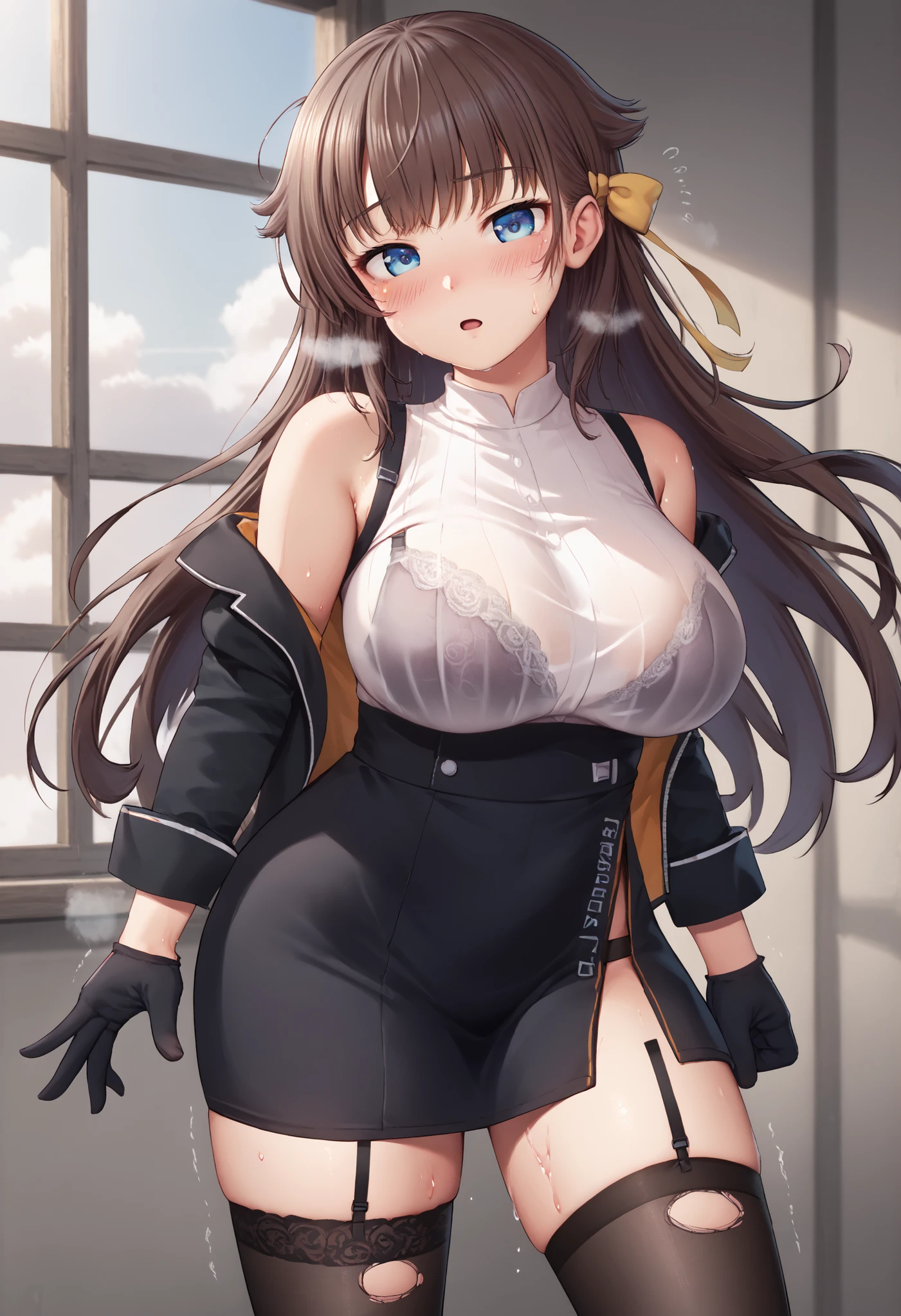 great quality,so beautiful,Absard dress,best quality,newest,masterpiece,4k,resolution,anime screen capture,1 girl,brown hair,long hair,blue eyes,cute anime eyes,super huge breasts that have just been torn apart,very much sweat (Amount of sweat:2.0),blush(redness:3.0), acme face,I'm exhaling with my mouth wide open(steam),(Kana Kashiwazaki),hair bow,canavale , thigh length single socks, one leg in stockings, black jacket, sleeveless shirt, femoral strap, cowboy shot, gloves, black skirt,I had sex until a while ago,my body is trembling because it has climaxed too much,steamが多い,shirt filled with sperm is see-through with sweat and the bra is slightly visible(The bra is purple),uterus toward the body(Picture of cloudy semen),-game- Nebel Geisterjäger style
