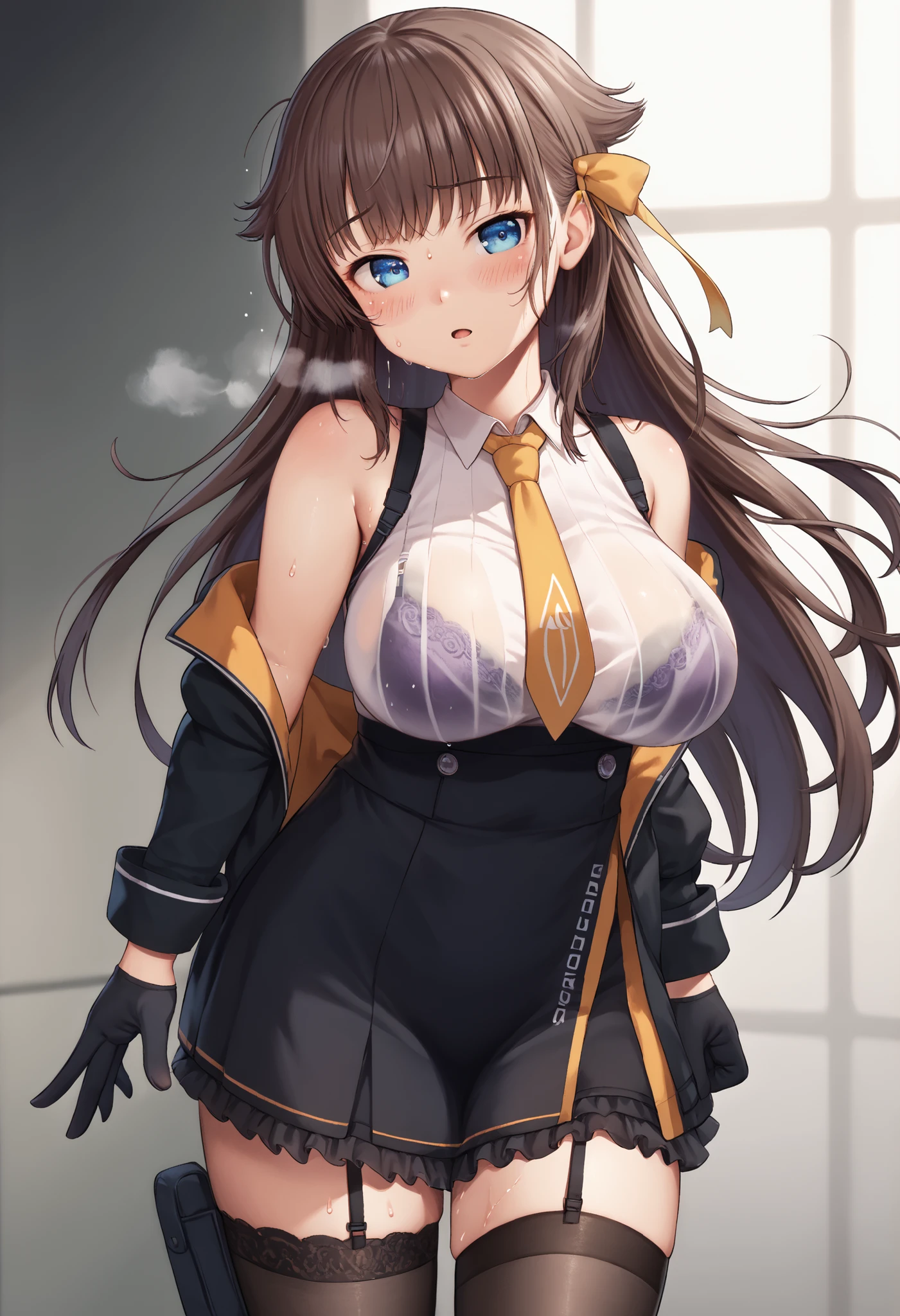 great quality,so beautiful,Absard dress,best quality,newest,masterpiece,4k,resolution,animated screen capture of a brown-yellow haze coming out of the mouth,1 girl,brown hair,long hair,blue eyes,cute anime eyes,super huge breasts that have just been torn apart,very much sweat (Amount of sweat:2.0),blush(redness:3.0), acme face,I'm exhaling with my mouth wide open(steam),(Kana Kashiwazaki),hair bow,canavale , thigh length single socks, one leg in stockings, black jacket, sleeveless shirt, femoral strap, tie, cowboy shot, gloves, black skirt,I had sex until a while ago,my body is trembling because it has climaxed too much,steamが多い,shirt filled with sperm is see-through with sweat and the bra is slightly visible(The bra is purple),Appearance of the uterus,-game- Nebel Geisterjäger style