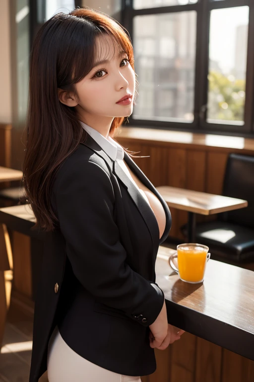 Only one woman, Sit at the counter table, (Holding a beer mug) In one hand, office worker, Suit jacket, Stylish clothes, Mature Woman,The valley is visible、Big Breasts、 /(Light brown hair/) bangs, A gentle, blushing smile, (Drunk:0.8), (Masterpiece Top quality:1.2) Delicate illustrations, Very detailed, Big break (A lively tavern) indoor, 1 bottle of beer, Crowded, (Warm lighting), Detailed Background