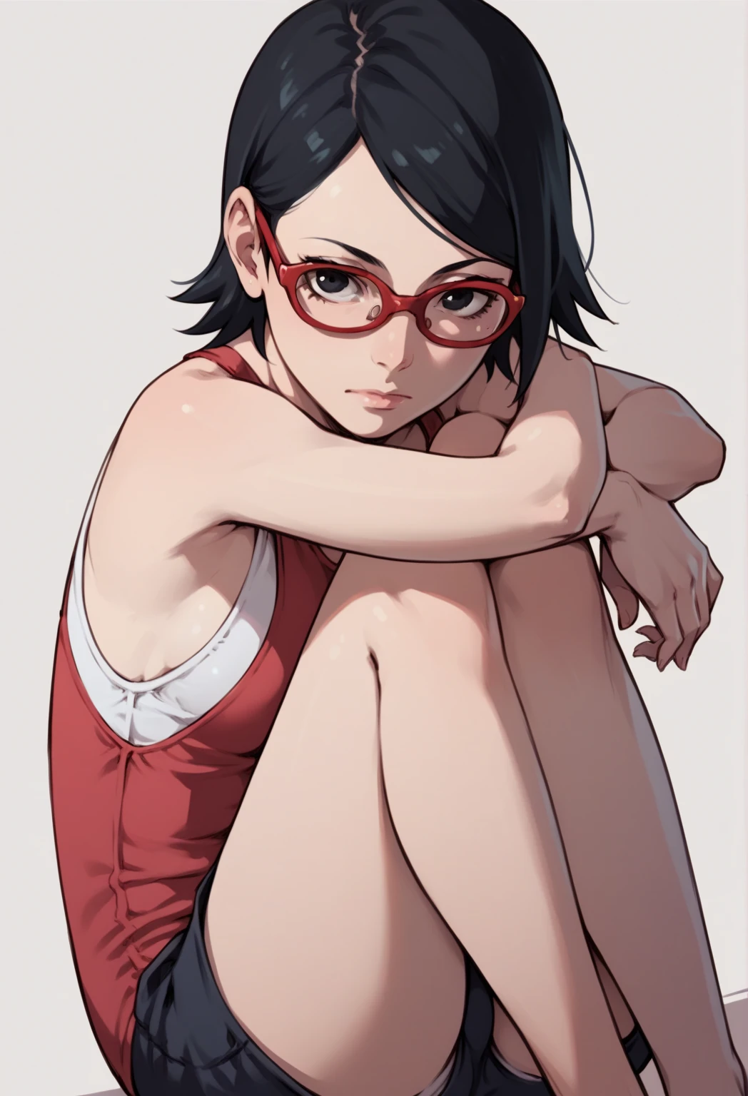 , 1girl, solo, black hair, short hair, Red eyes, frameless glasses. In a Red bikini Top// Black bikini bottom, closeup shot,, detailed art. Thick hips, Thick thighs, smirk, bare shoulders, Resort sea background,, facing viewer, hands on hips, shiny hair, sexy hips. Dark pink painted lips