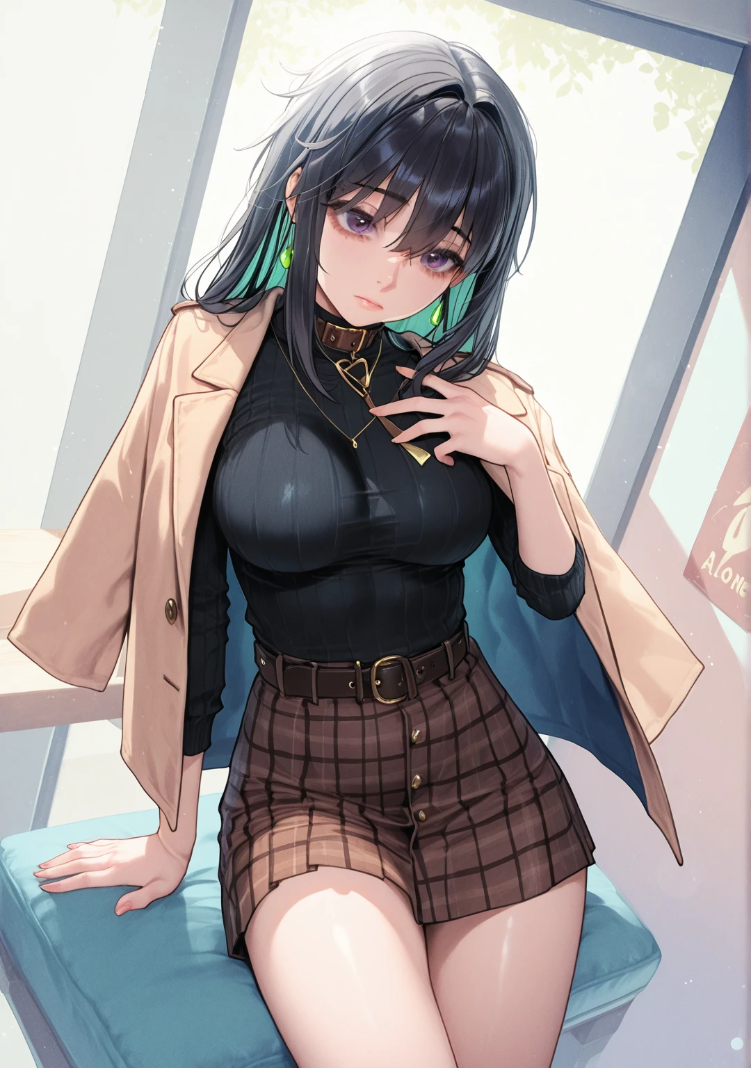 Boa hancock, 1girl, solo, ((white shirt)), black thighhighs, breasts, cleavage, uniform, office background, black skirt, pleated skirt, office, hair between eyes, large breasts, long hair, looking at viewer, black hair, red short nails, purple eyes, solo, thighhighs, thighs, very long hair, ((masterpiece)), sitting, chair, desk, computer on desk, name tag, id tag, indoor, golden snake earing,