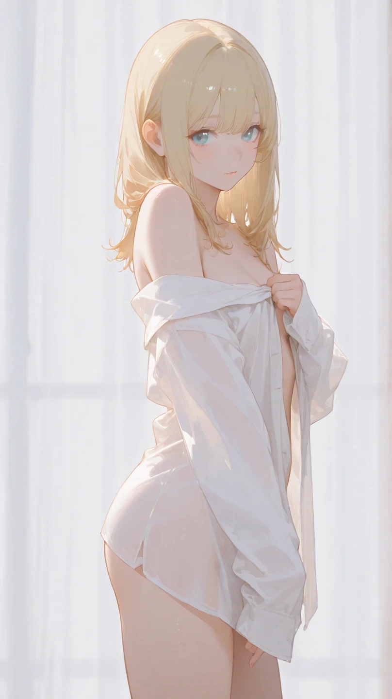 (lifelike, high - resolution:1.3), 1 girl with a perfect body, slender body, blonde hair, Super fine face and eyes, boho bob hair, blonde hair, wet clothes:1.2, ,large breasts, , (white sundress, wide brimmed hat, sunglasses), slim body, (girl hiding in a dressing room, drapes, curtains)