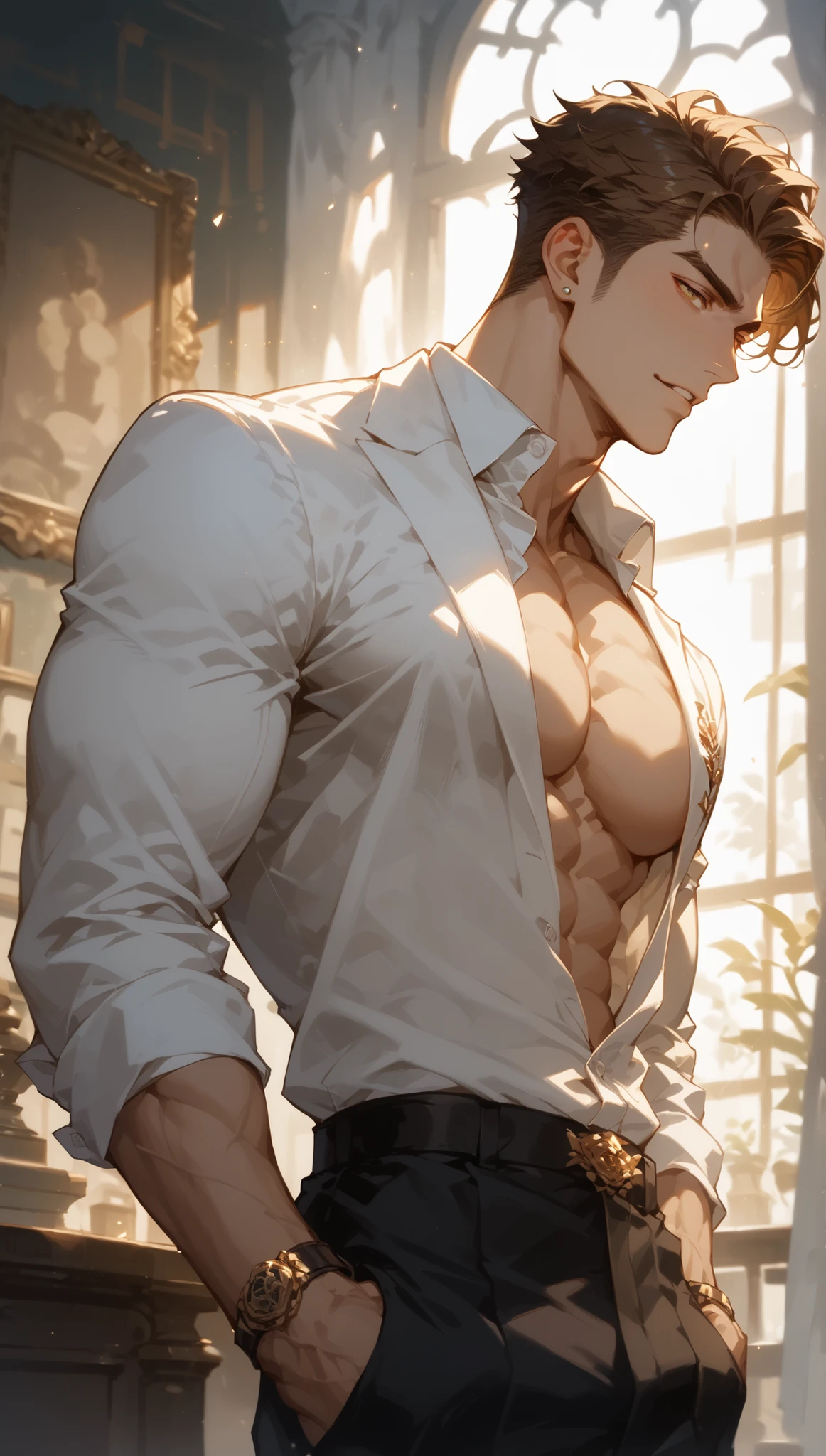 ((best quality)), ((masterpiece)), (detailed), a man with a shirt on and no shirt on, looking at the camera, big chest, anime handsome man, anime portrait of a handsome man, handsome stunning realistic, handsome anime pose, beautiful prince, human male character art, male anime character, male anime style