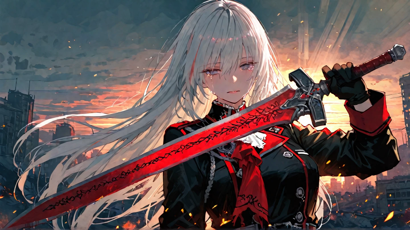 top-quality、Top image quality、masterpiece、girl with((cute little、18year old、Best Bust、Medium bust、Bust 85,Beautiful blue eyes、Breasts wide open,Blonde long hair、A slender、Black Samurai Costume、Murderous face,Holding a Japan sword with both hands、Fluttering hair、black and white color scheme、fighting poses、Blood returned to the sword、systemic return blood、Reflecting the whole body))hiquality、Beautiful Art、Background with((Black and white world、New York City、Blood splatters on the screen、Samurai Corps)),masutepiece、Elaborate design、visualart、depth of fields、The best lighting、highestdetailed、8k,、Art of Kurosawa World