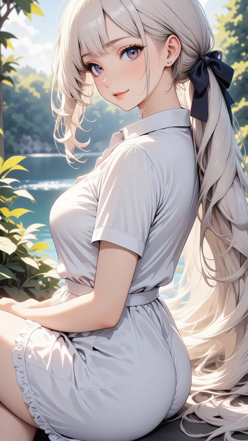 azur lane、Ayanami、、ponytail、table top、High resolution、big and full breasts、naughty body、See-through、throw、、whole body、Look up at me、gentle smile、Are crying、blush、The shape of a woman's private parts is clearly visible、I can see your nipples、white skirt、micro mini skirt、very short skirt、bare chest、show your chest、Upper grade、A lot of milk comes out from the nipples、Breast milk gushes from the nipple、very big breasts、show your chest、bare chest、straw hat、white dress、sandy beach、sunset、Madder sky、sunset beach、seaside、sandy beachで四つん這い、bangs that cover one eye、pink hairpin、white sandals、from below、Low - Angle