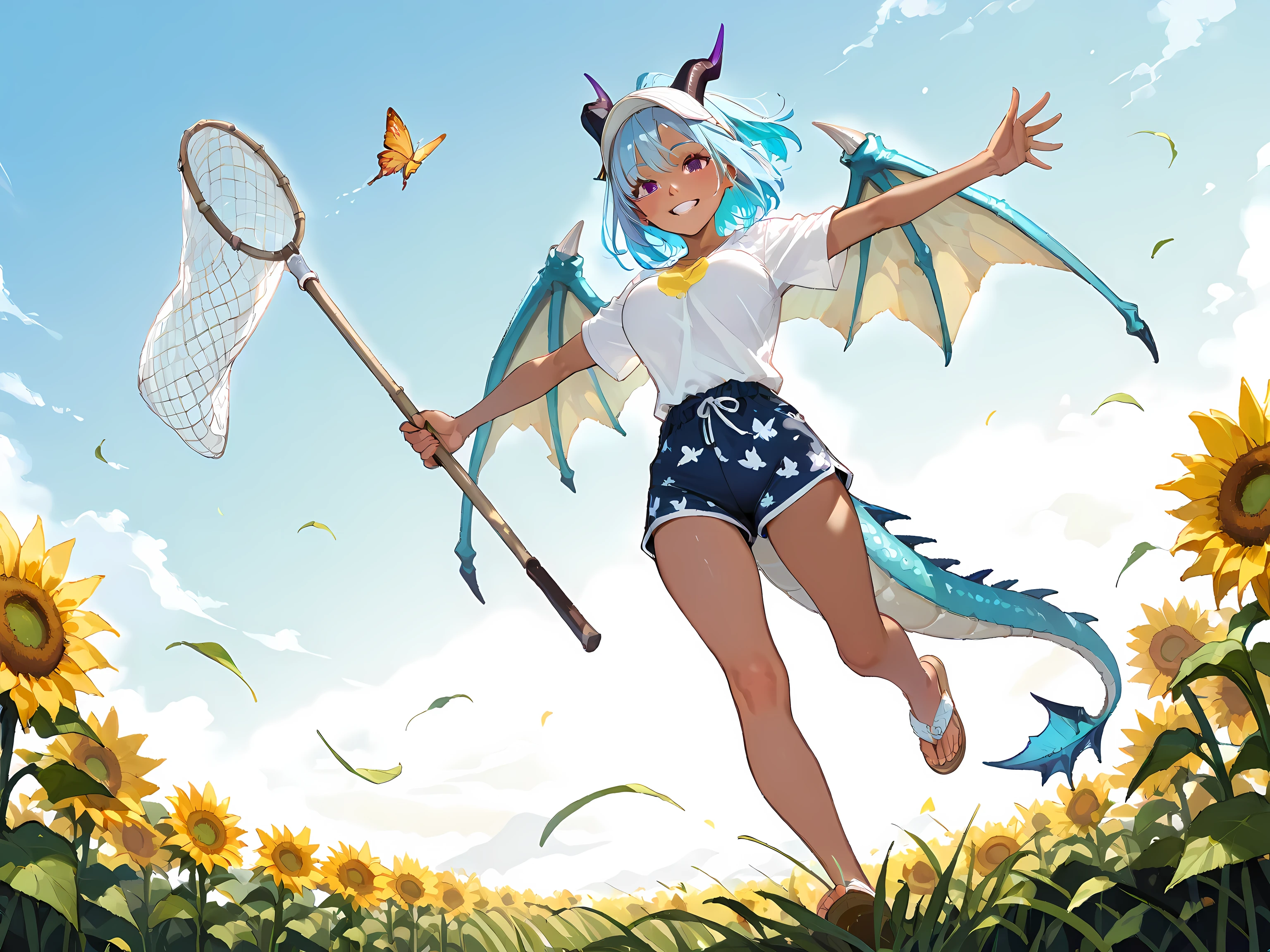 low-angle shot, looking at sky, full body, gazing into the distance, (adult cool woman:1.1), Woman running with insect net in sunflower field, outstretched arms, running on the grass, smiling, laughing, cheerful expression, ultra realistic 8k cg, epic, perfect artwork, picture-perfect face, beautiful face, charming, 1dragoon, dragon girl, (dark skin:0.9), slant eyes, dark purple eyes, blue hair, half up, grin, dragon horns, dragon wings, dragon tail, large breasts, dragoon, short-sleeved shirt, (short-sleeved shirt is yellow with Cat pattern1.5), daisy duke shorts, beach-sandals, holding a Butterfly net, masterpiece, best quality, ultra realistic 8k cg, epic,