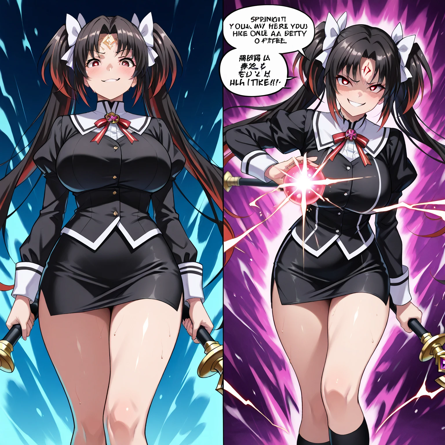 A conceited collegiate girl with a huge chest and curly hair with two tails, her eyes are yellow and her face is angry with rejection in a bad honest mood and she is wearing a gray school shirt and a red tie and underneath is a shiny black skirt and she is wearing a pair of sneakers and carrying a power tornado galactic in your hand power 