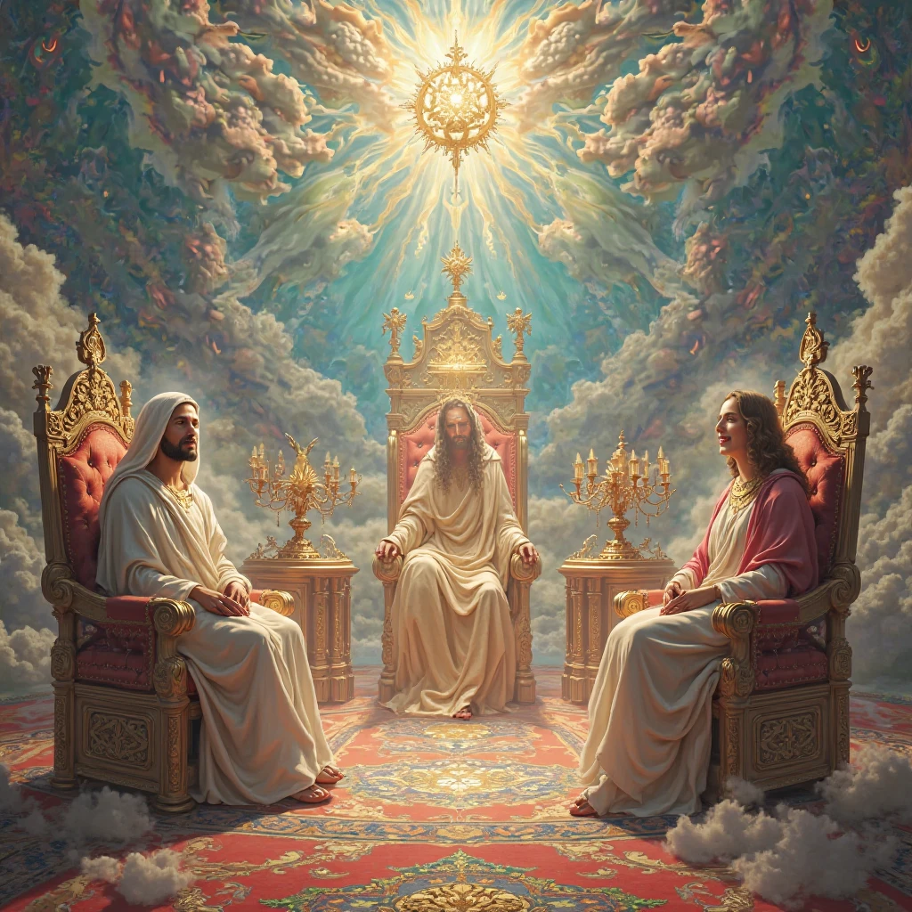 (photorealism:1.2), beautiful virgin Mary, handsome Jesus Christ and handsome 7 years old teen Jesus, sitting in the throne each of them in the kingdom of god that full of clouds, the light of their crowns and hearts spreading all over, wearing the brown color of a king, queen and prince, the crown of lights, real beautiful faces, real nice hair, real face, real image, heaven outdoors that full of clouds, brighter lighting, five fingers, clouds and many doves in the background, elegant clothes, stars and sunlight, beautiful heaven of paradise, relaxed pose, realistic, intricate details, bright and warm colors,