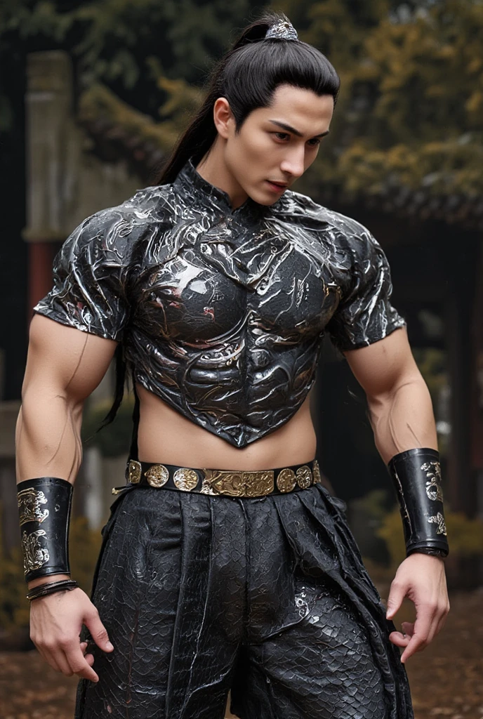 Handsome guy, 25 years old, Asian, master work, best picture quality, higher quality, high detail, super high resolution, 8k resolution, delicate facial features, boy, big muscles, tattoos, glowing eyes, short hair, hair details, [[Look away, look to the side, emphasize homosexuality and pay attention to every detail , open Hanfu transparent tulle jacket, white rubber pants, sunlight, Chinese garden background ((((((crotch bulge)))))