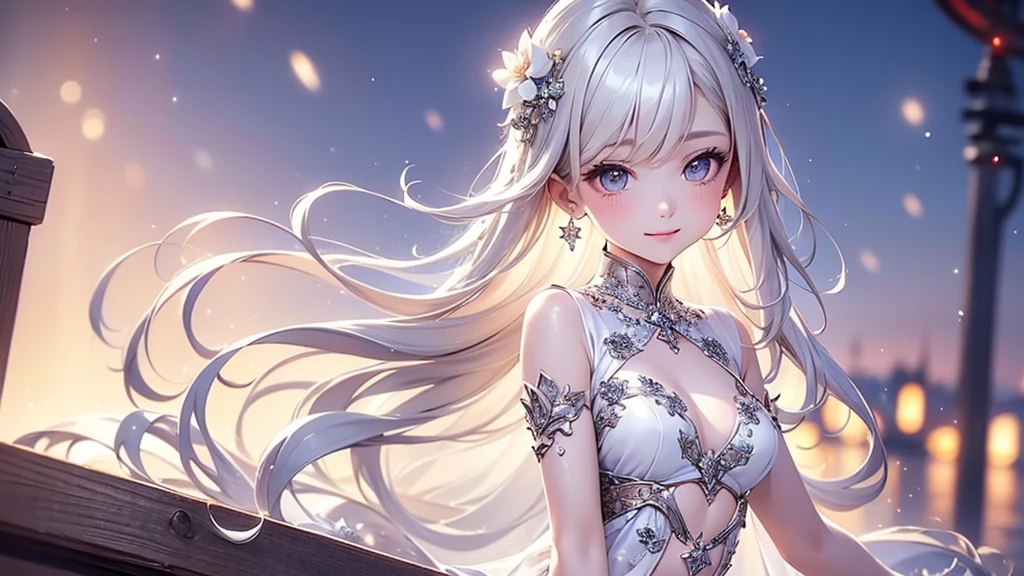 (最high quality, High resolution:1.2), Super detailed, Mysterious, Ethereal atmosphere, Beautiful attention to detail, Detailed lips, masterpiece, Shrinkage rate(8K, 最high quality, masterpiece: 1.2), Fire emblem: Genealogy of the Holy War,Deirdre,purplish-silver hair,Wavy Hair,Fleeting,Long walking stick,White robe,beautiful girl,Moonlit Night,sexy,Glamour,Purple eyes,sacred,Dynamic pose,One Girl,Flower Field,Lakeside(the best品質を最高に8K, CG, Beautiful and exquisite upper body, Complex facial features, Almond Eyes, Exquisite eye makeup, Long eyelashes fluttering, Blinking big eyes, (masterpiece, 最high quality, the best, Official Art, Beautiful and beautiful, Long-term exposure: 1., Smooth movement, Attractive patterns, 1 Girl, (Long sleeve dress: 1.3), (((White clothes) )), Delicate face,Lavender colored hair, Gradient Hair,Long Hair, Bare shoulders, ,Detailed Background, Delicate face,, Dynamic pose, Suspended particles, Ethereal atmosphere,gem,One Girl,goddess,Delicate and beautiful face,Flowing,Perfect balance, masterpiece, Textured skin, Very detailed, High detail, high quality, High resolution,Smile