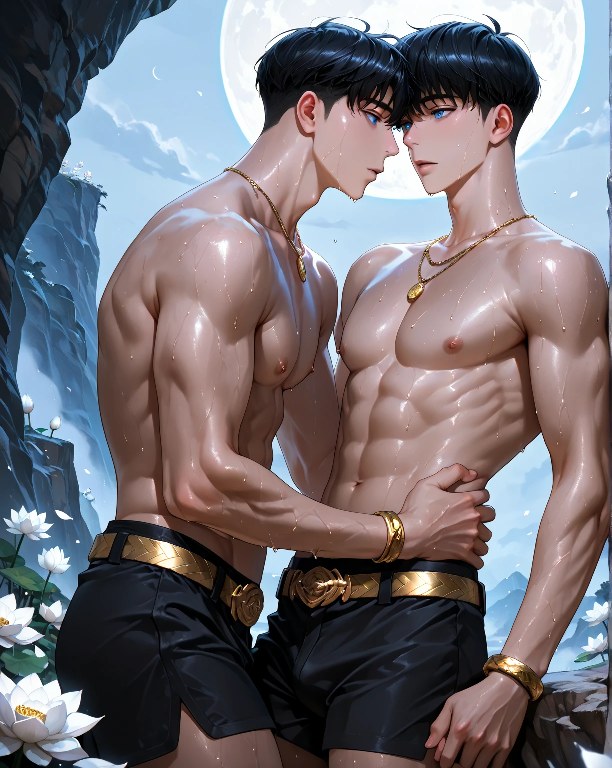 Handsome male, purple hair, short hair, detailed body, detailed hands, horns, loving, arrogant expression, red eyes, roman nose, almond eyes, baggy T-shirt, black shirt, blue denim jeans, cocky, nightfall, starry sky, handsome, bushy brows, pointy ears, ear piercings, rings, 1 male, black coat, tattoos, dark skin, brown skin, charming, good quality, long hair, huge bulge in pants, veiny arms and hands, black denim jeans,