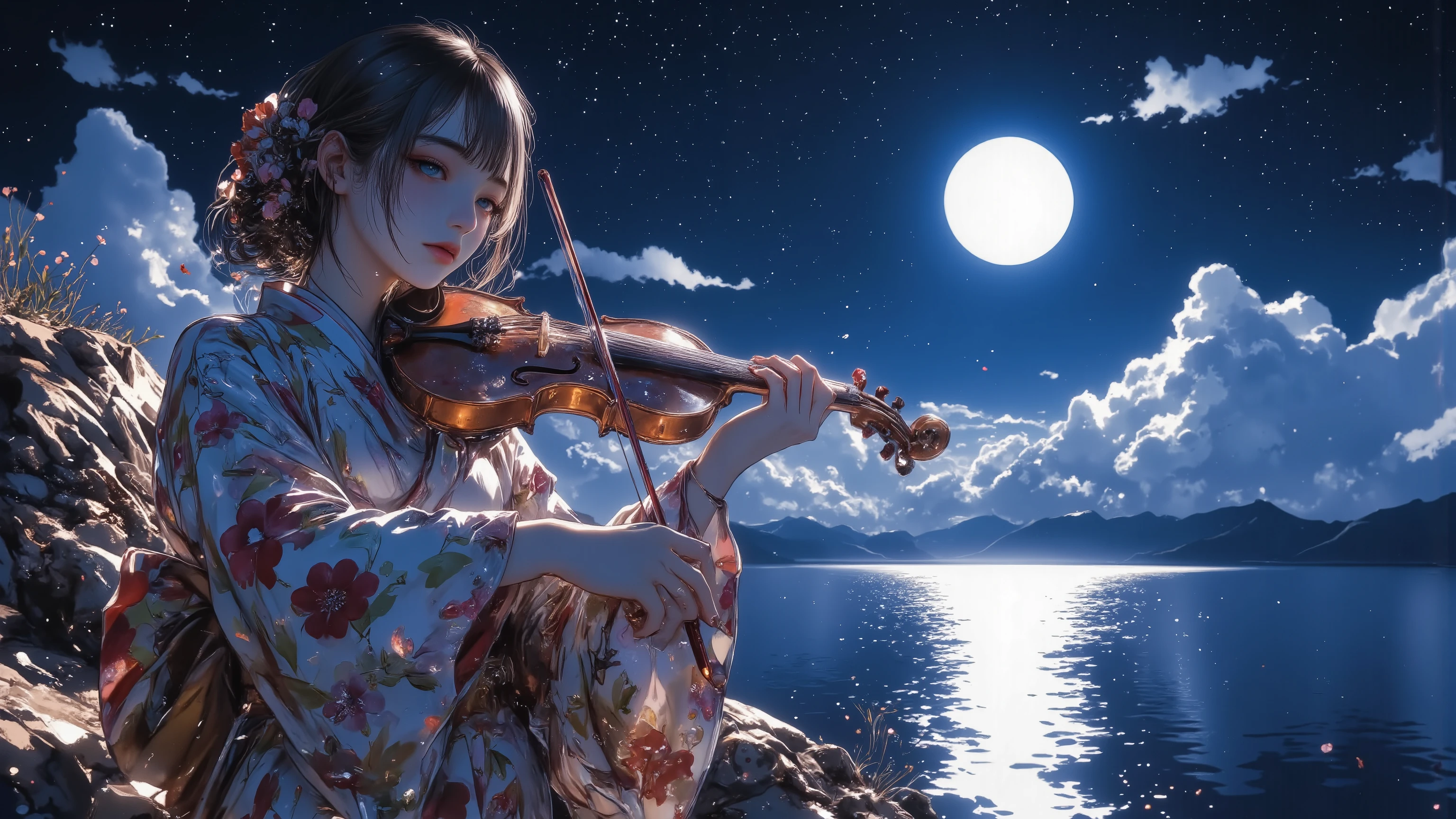 A girl in a floral-patterned kimono stands on a moonlit cliff, playing a violin with serene intensity. Her full figure is captured in a close-up composition that balances her presence with the vast, dreamlike background. Her kimono gently flows in the breeze, petals caught in the air around her. The glowing full moon illuminates her from behind, casting soft light on her hair and shoulders. Behind her, the sky stretches wide in deep shades of indigo, scattered with stars and soft clouds, while below the cliff, a tranquil lake reflects the moonlight in shimmering silver tones. She holds the violin close under her chin, her bow gracefully extended mid-motion. Her expression is calm and focused, lost in the melancholic melody echoing through the still night. Ethereal lighting, soft rim light from the moon, filmic contrast, Makoto Shinkai inspired style, dreamy atmosphere, ultra-detailed, cinematic framing.
