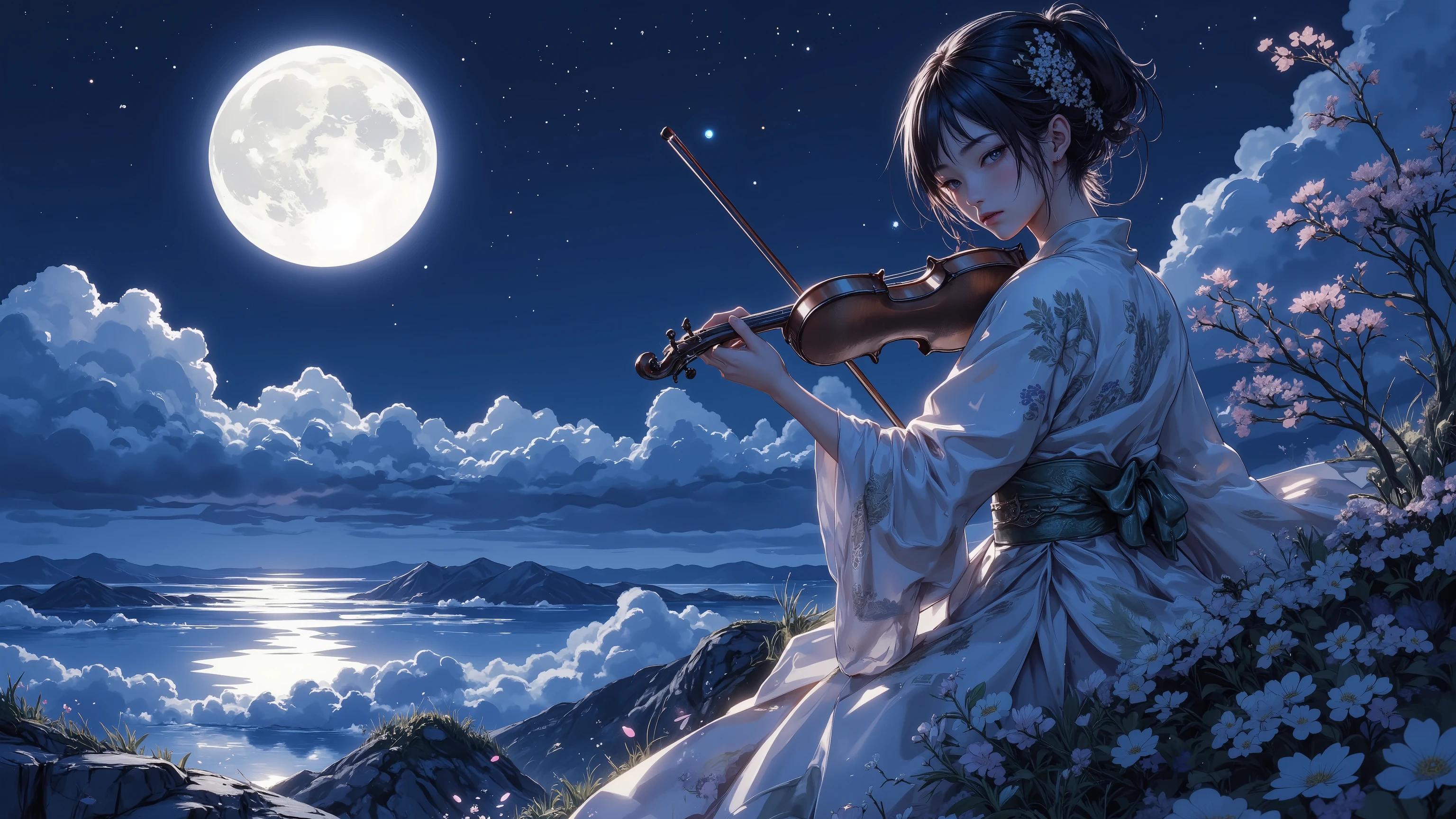 A girl in a floral-patterned kimono stands on a moonlit cliff, playing a violin with serene intensity. Her full figure is captured in a close-up composition that balances her presence with the vast, dreamlike background. Her kimono gently flows in the breeze, petals caught in the air around her. The glowing full moon illuminates her from behind, casting soft light on her hair and shoulders. Behind her, the sky stretches wide in deep shades of indigo, scattered with stars and soft clouds, while below the cliff, a tranquil lake reflects the moonlight in shimmering silver tones. She holds the violin close under her chin, her bow gracefully extended mid-motion. Her expression is calm and focused, lost in the melancholic melody echoing through the still night. Ethereal lighting, soft rim light from the moon, filmic contrast, Makoto Shinkai inspired style, dreamy atmosphere, ultra-detailed, cinematic framing.