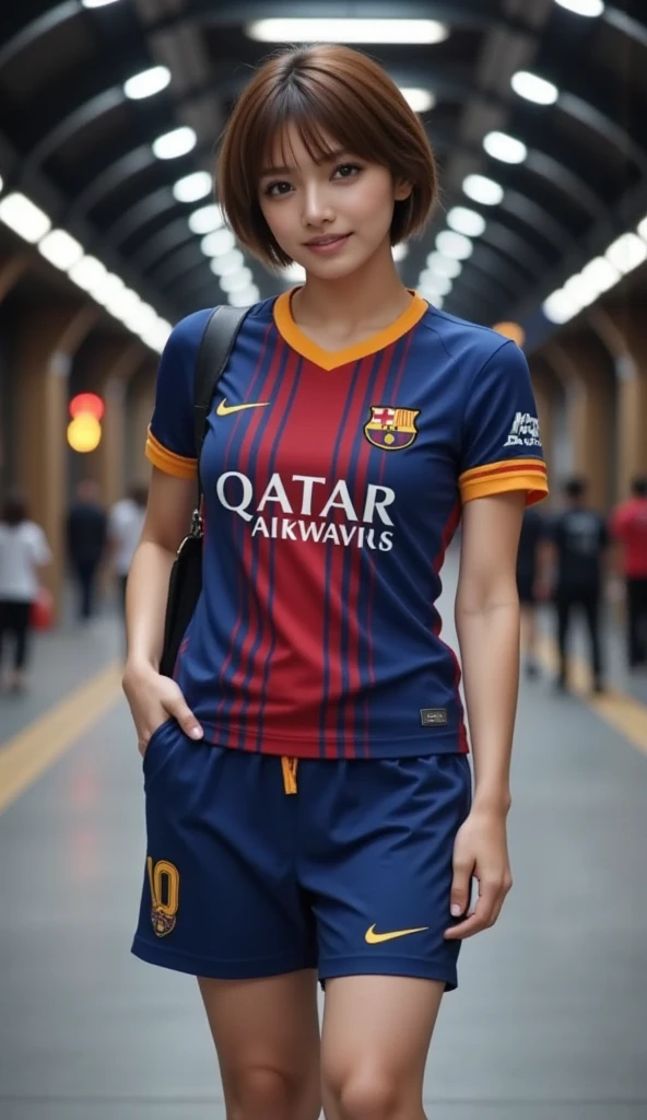 Asia woman , wearing a barcelona fc away 2013 kits jersey Red and blue stripes with Nike and Qatar airways logo , nude , tight ,oily Spreading pussy , getting fuck , sexy hot face