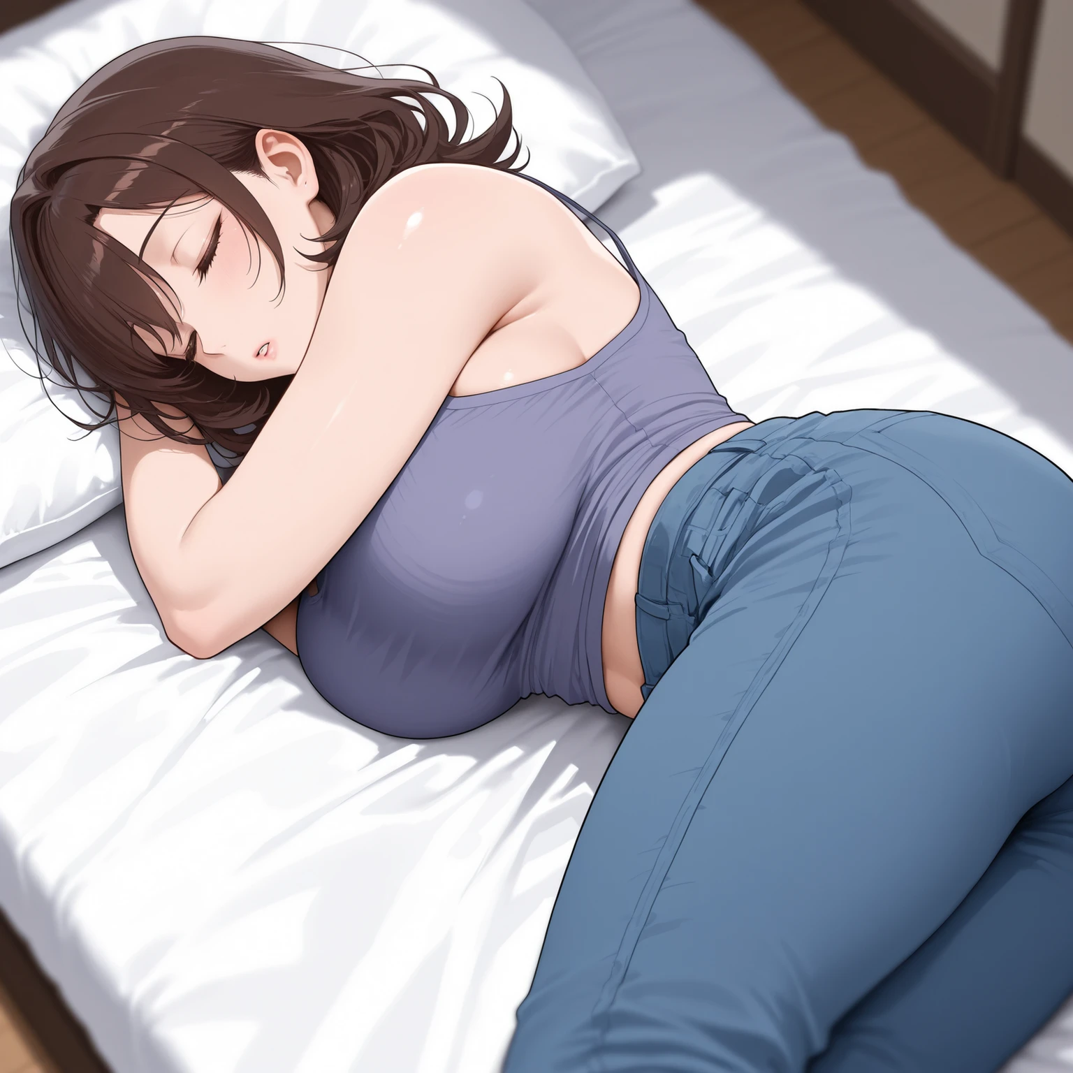 beautiful Married Woman Age 30 mature woman tank top medium hair charming glamour sexy sleeping lying down Take off your pants