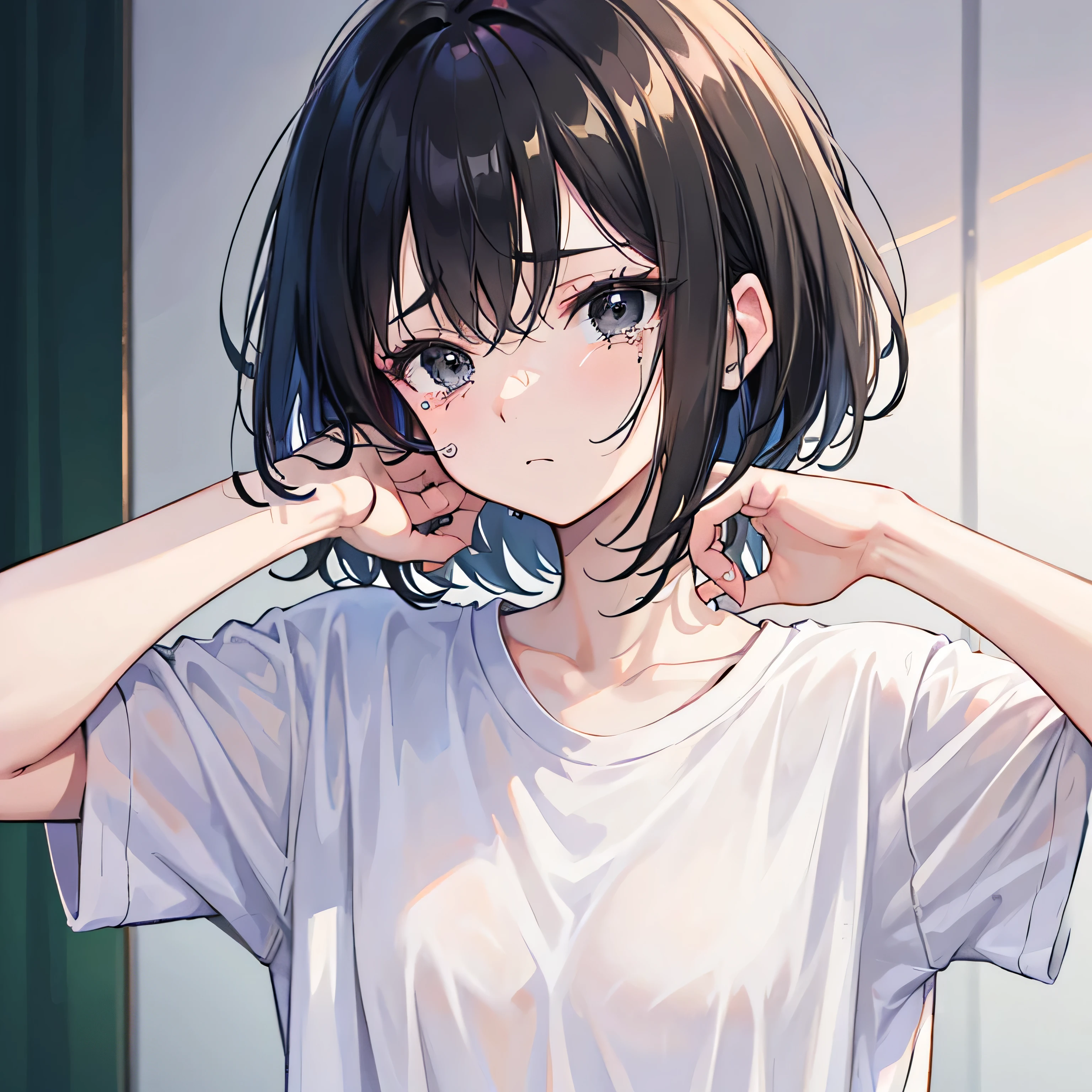 (1 woman), short bob, 18 years old, Japanese, brown eyes, brown hair, slim, (flat chest), white_t-shirt,(mint-green_bra_under_shirt:0.6),bra visible through clothes,