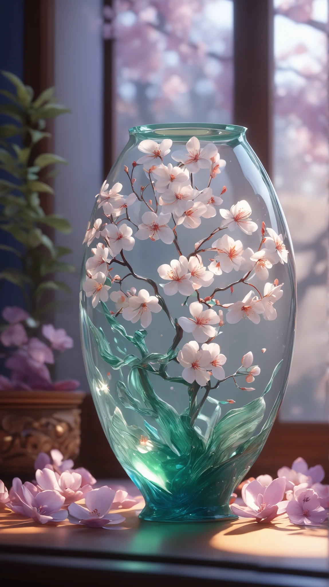 Green and white porcelain, sakura petal in a very long and thin vase, soul, fairy-tale, soul, crystal clear, blue transparent soul, colorful, light purple, orange, cinematic lighting, 8k, Designed by Bage