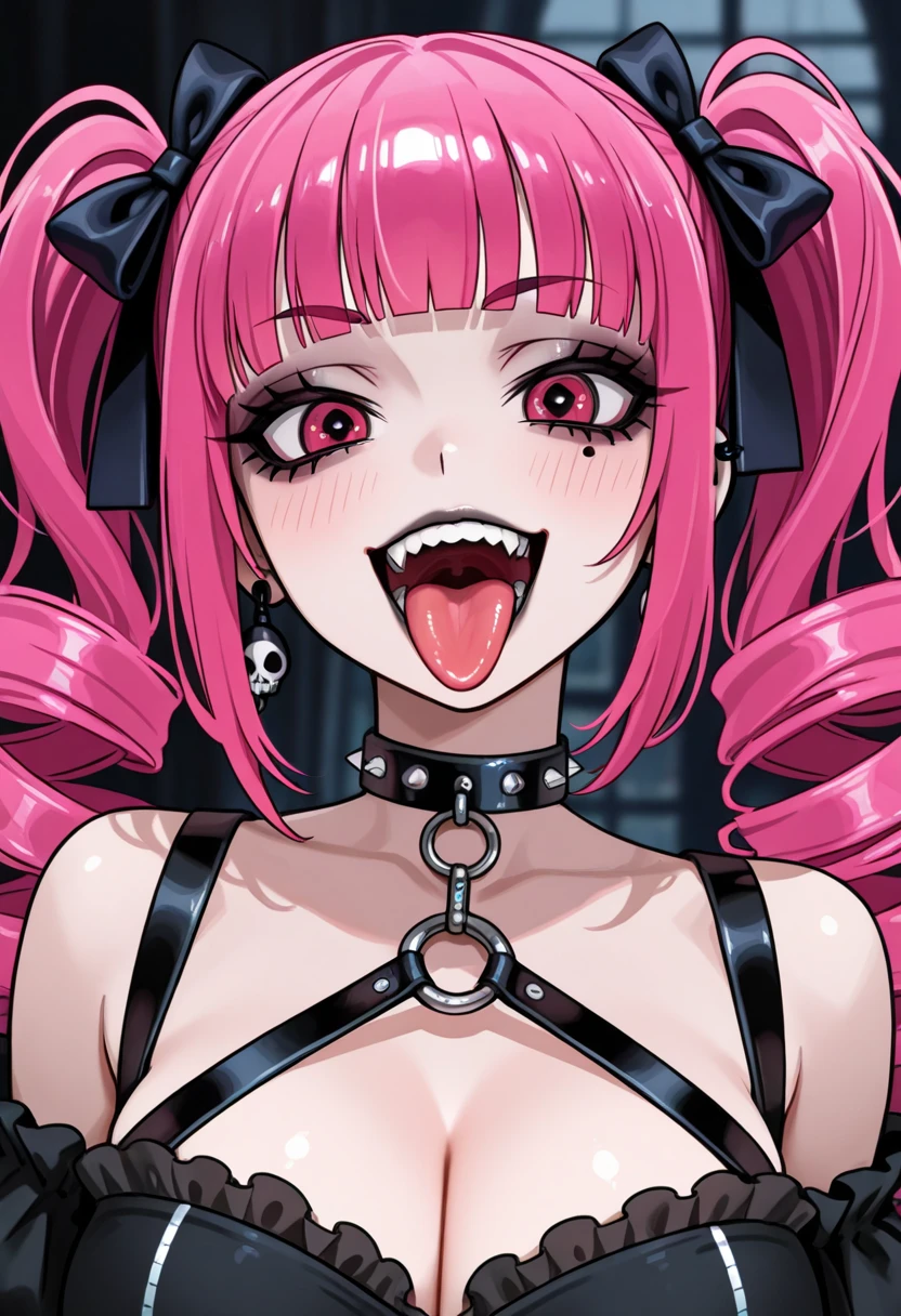 big lips, Brown hair, pink eyes, japanese face, improve, improve grin, two sides up, huge breasts, Wide hips, sexy, detailed, pink room, hits, (evil smile1.4), kawaii, pleated skirt, punk, good, Pink and black suit, plaid skirt, punk shirt, choker, punk skirt, punk shirt,navel piercing